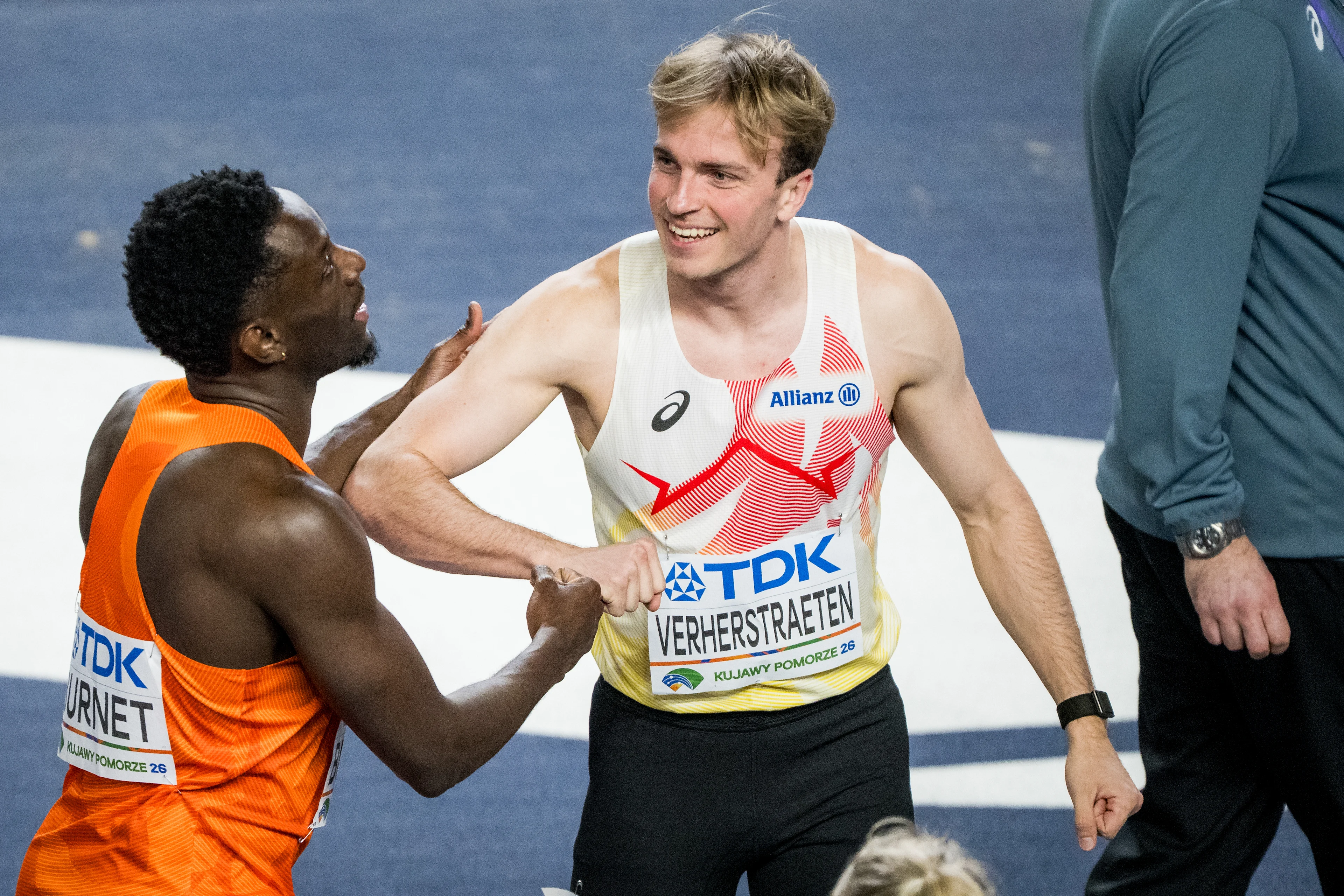 Dutch Taymir Burnet and Belgian Simon Verherstraeten react after the first day of the World Athletics Indoor Championship in Torun, Poland on Friday 20 March 2026. The championships take place from 20 to 22 March. BELGA PHOTO JASPER JACOBS
