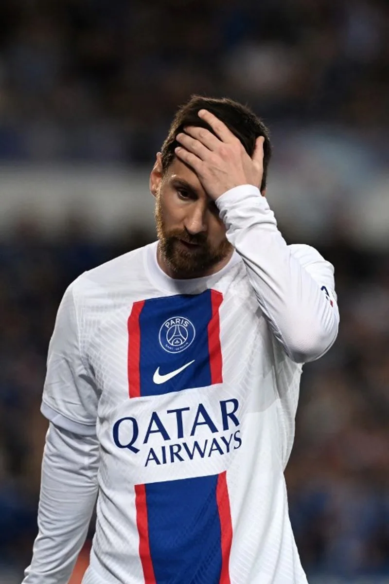 Paris Saint-Germain's Argentine forward Lionel Messi reacts during the French L1 football match between RC Strasbourg Alsace and Paris Saint-Germain (PSG) at Stade de la Meinau in Strasbourg, eastern France on May 27, 2023.    PATRICK HERTZOG / AFP