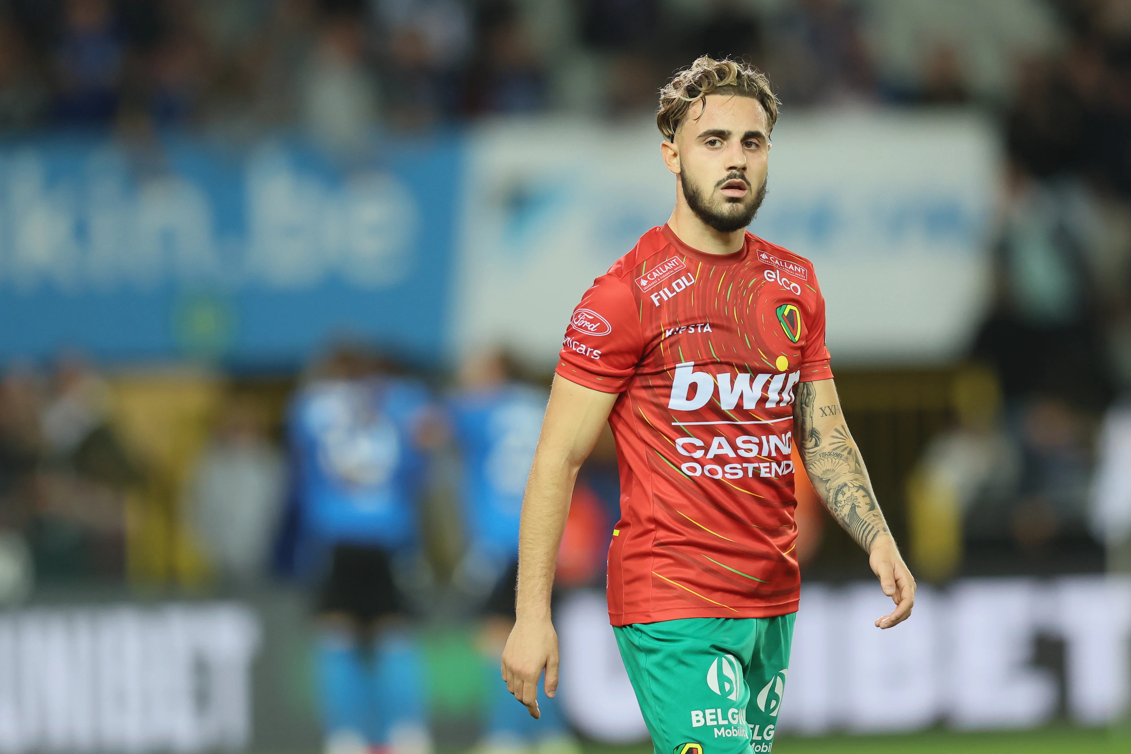 Oostende's Alessandro Albanese looks dejected during a soccer match between Club Brugge KV and KV Oostende, Saturday 29 October 2022 in Brugge, on day 15 of the 2022-2023 'Jupiler Pro League' first division of the Belgian championship. BELGA PHOTO BRUNO FAHY