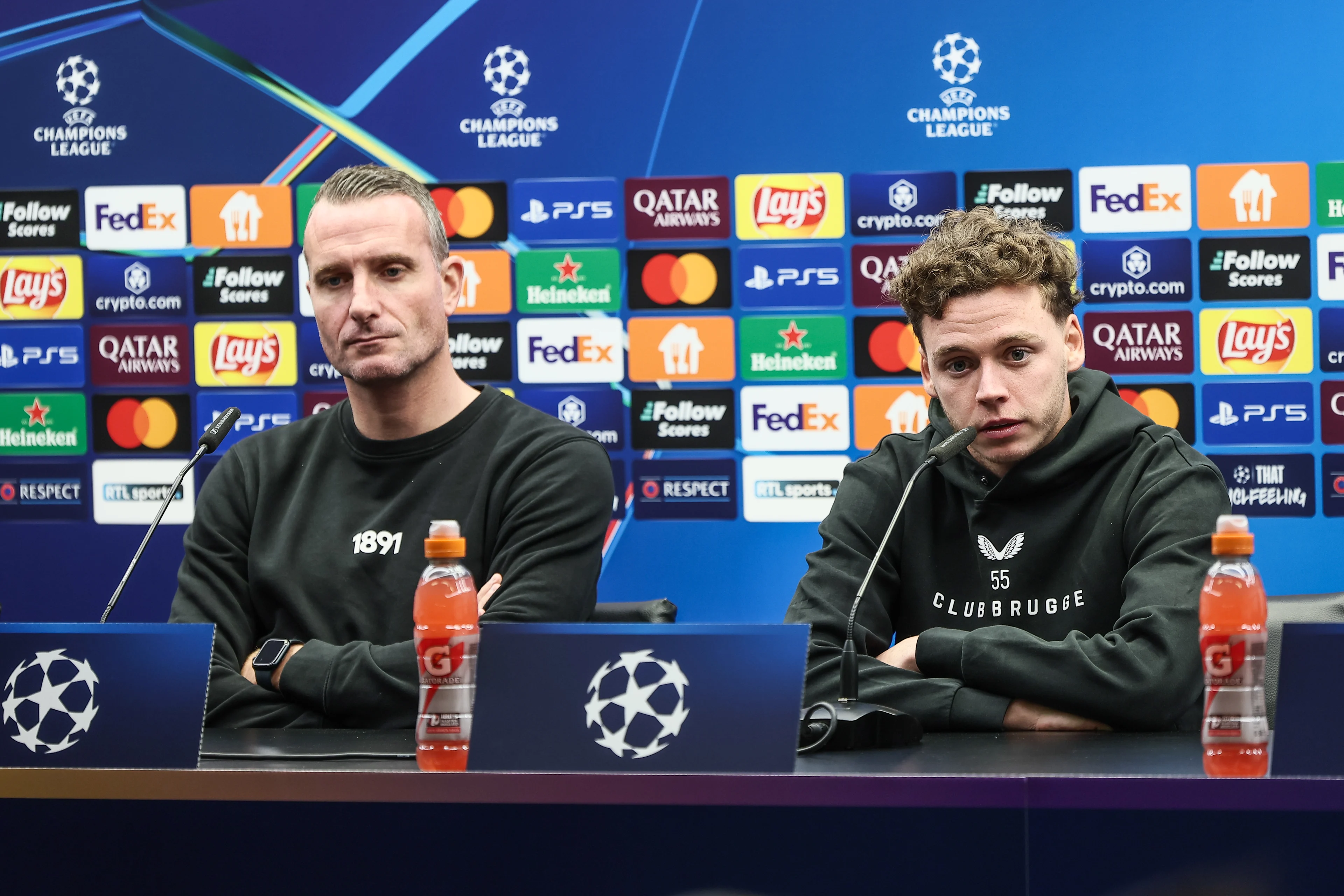 Club's head coach Nicky Hayen and Club's Maxim De Cuyper pictured during a press conference of Belgian soccer team Club Brugge KV, Tuesday 05 November 2024 in Brugge. The team is preparing for tomorrow's game against English Aston Villa F.C., on day 4 of the UEFA Champions League league phase. BELGA PHOTO BRUNO FAHY