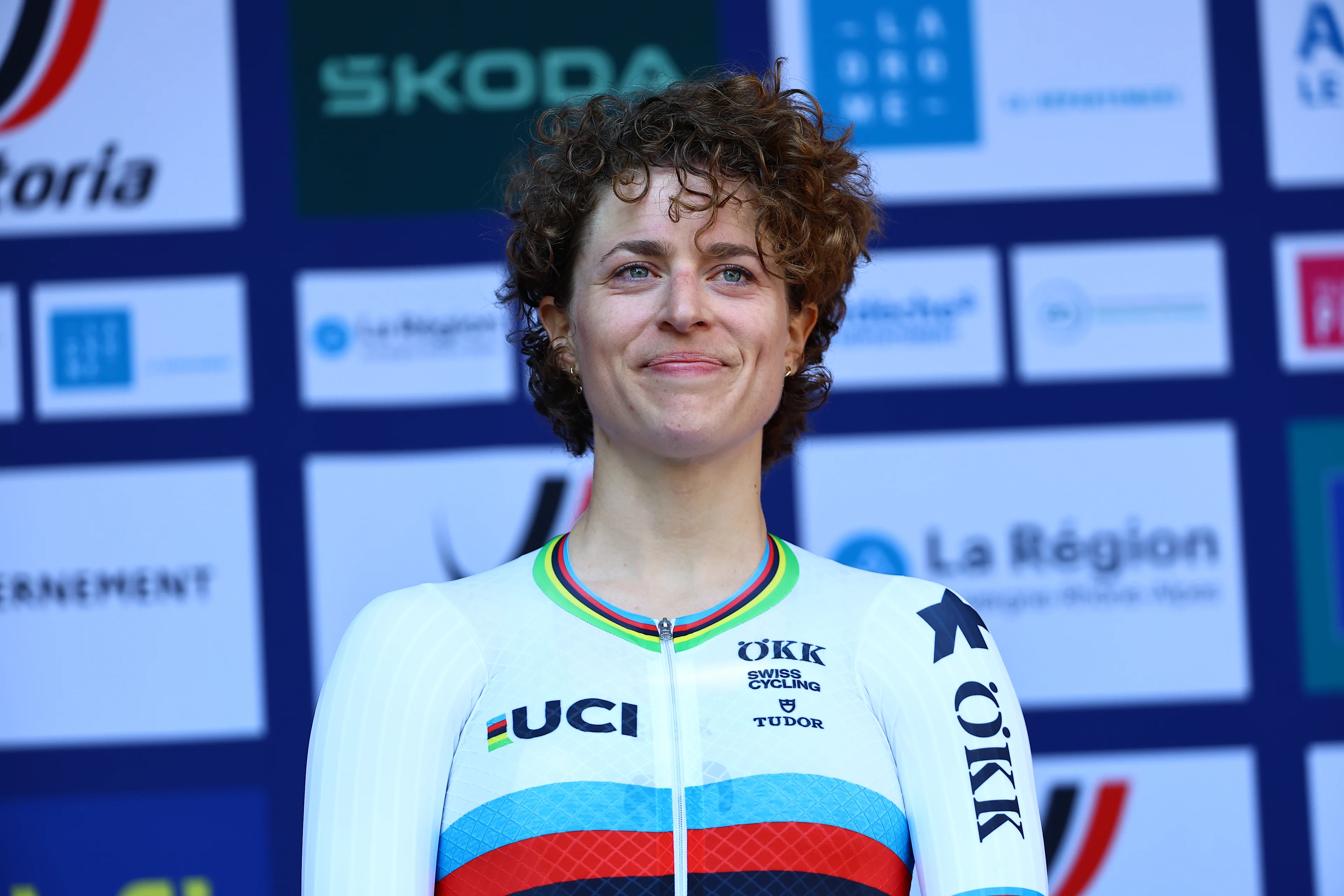 Swiss Marlen Reusser of Movistar Team pictured on the podium after winning the 24 km time trial of the Women Elite category at the UEC road European cycling championships, Wednesday 01 October 2025, in Loriol-sur-Drome, France. The European cycling championships Drome-Ardeche takes place from 1 to 5 October, France. BELGA PHOTO DAVID PINTENS