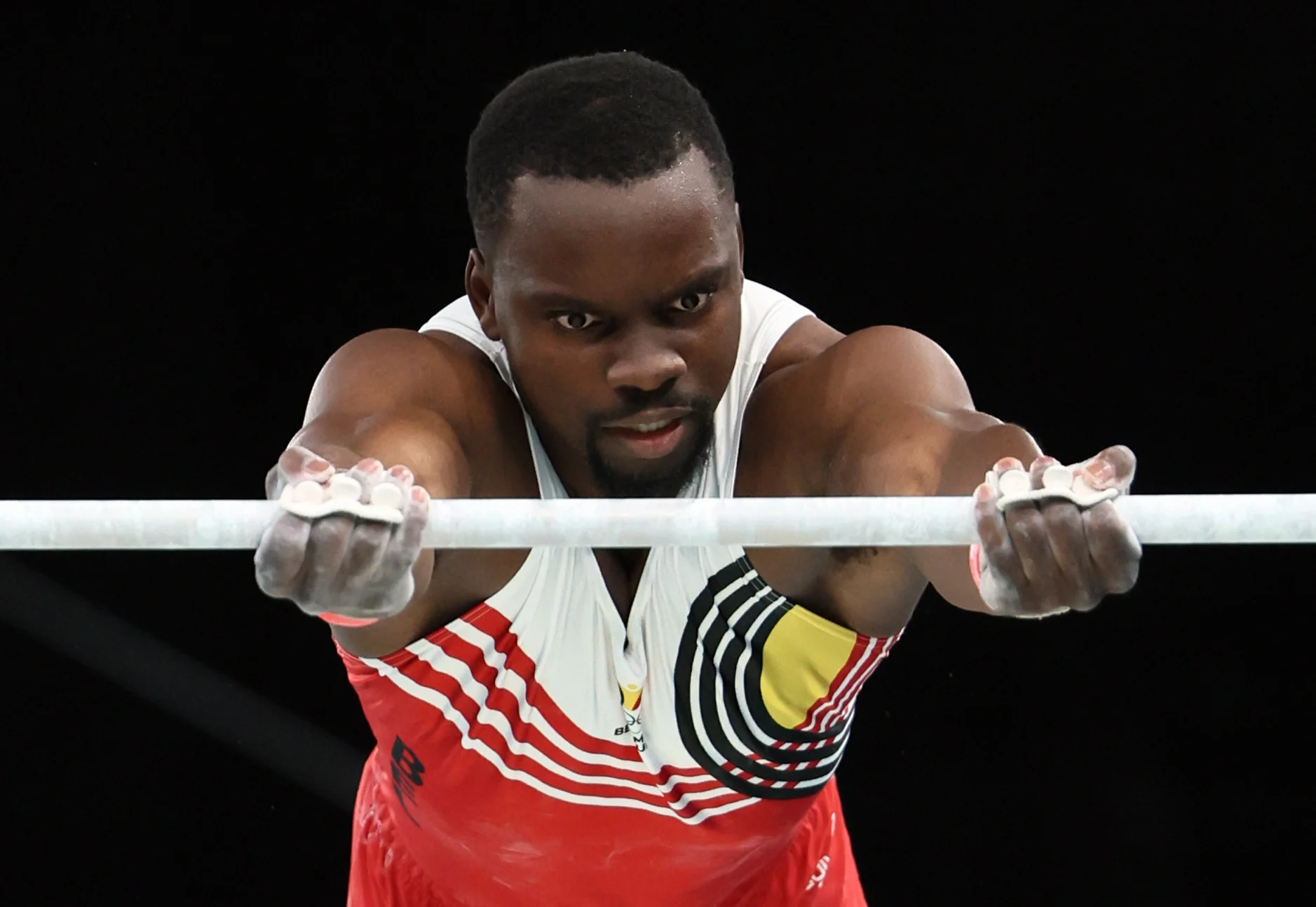 Belgian gymnast Noah Kuavita pictured in action during the men's gymnastics competition at the Paris 2024 Olympic Games, on Saturday 27 July 2024 in Paris, France . The Games of the XXXIII Olympiad are taking place in Paris from 26 July to 11 August. The Belgian delegation counts 165 athletes in 21 sports. BELGA PHOTO BENOIT DOPPAGNE