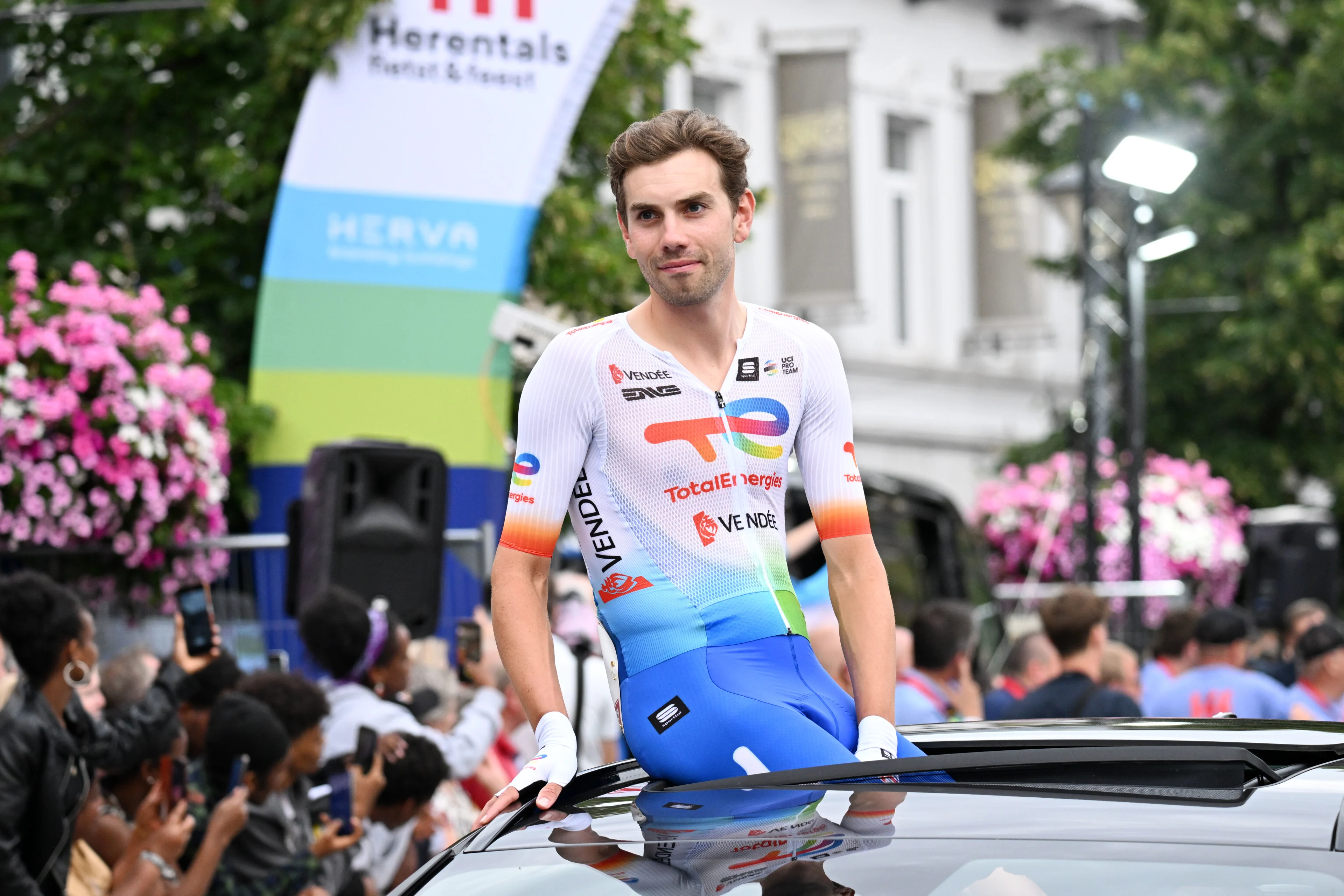 Belgian Steff Cras of TotalEnergies pictured ahead of the 'Natourcriterium Herentals' cycling race, Thursday 25 July 2024 in Herentals. The contest is a part of the traditional 'criteriums', local races in which mainly cyclists who rode the Tour de France compete. BELGA PHOTO MAARTEN STRAETEMANS