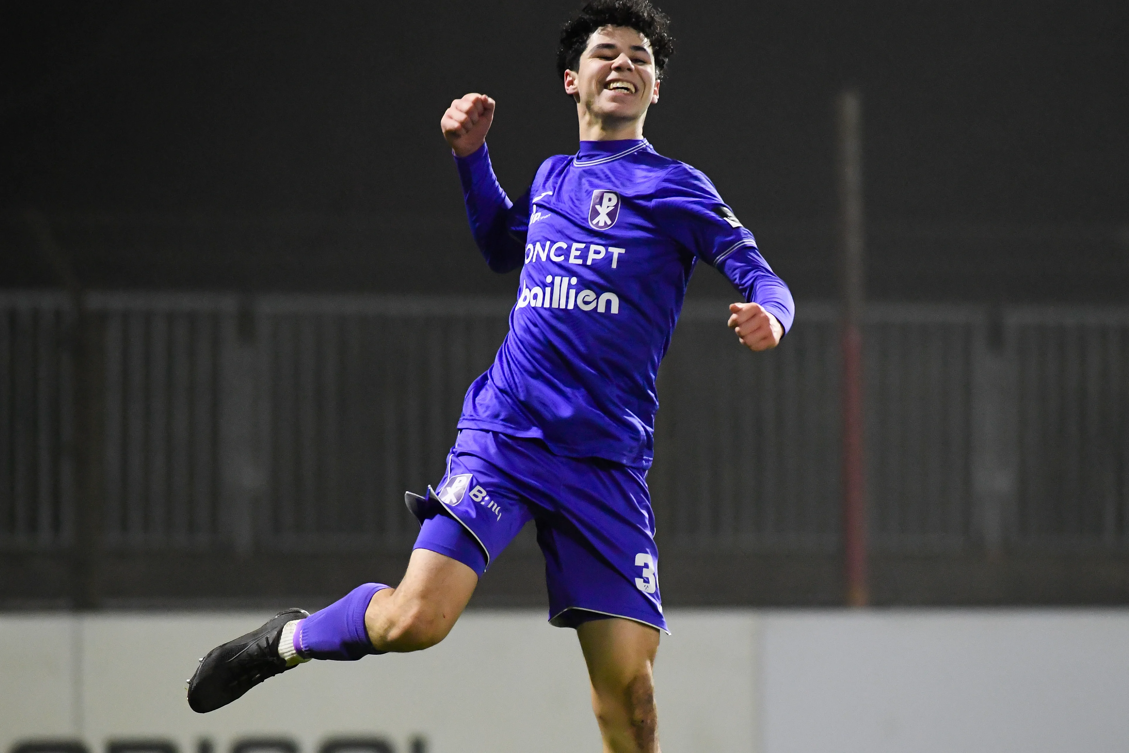 Patro Eisden's Tarek Loutfi celebrates after scoring during a soccer match between Patro Eisden Maasmechelen and KSC Lokeren-Temse, Friday 17 January 2025 in Maasmechelen, on day 18 of the 2024-2025 'Challenger Pro League' second division of the Belgian championship. BELGA PHOTO JILL DELSAUX