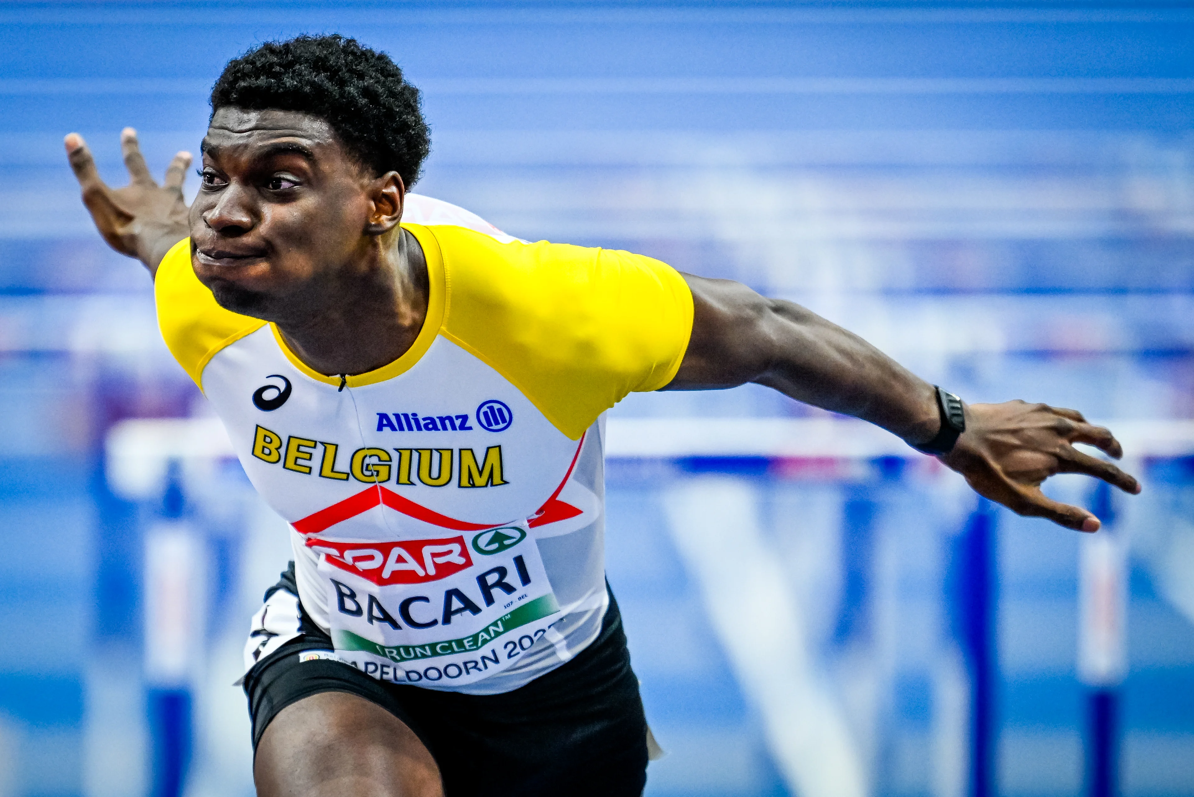 Belgian athlete Elie Bacari pictured in action during the men's 60m hurdles, at the European Athletics Indoor Championships, in Apeldoorn, The Netherlands, Thursday 06 March 2025. The championships take place from 6 to 9 March. BELGA PHOTO ERIC LALMAND