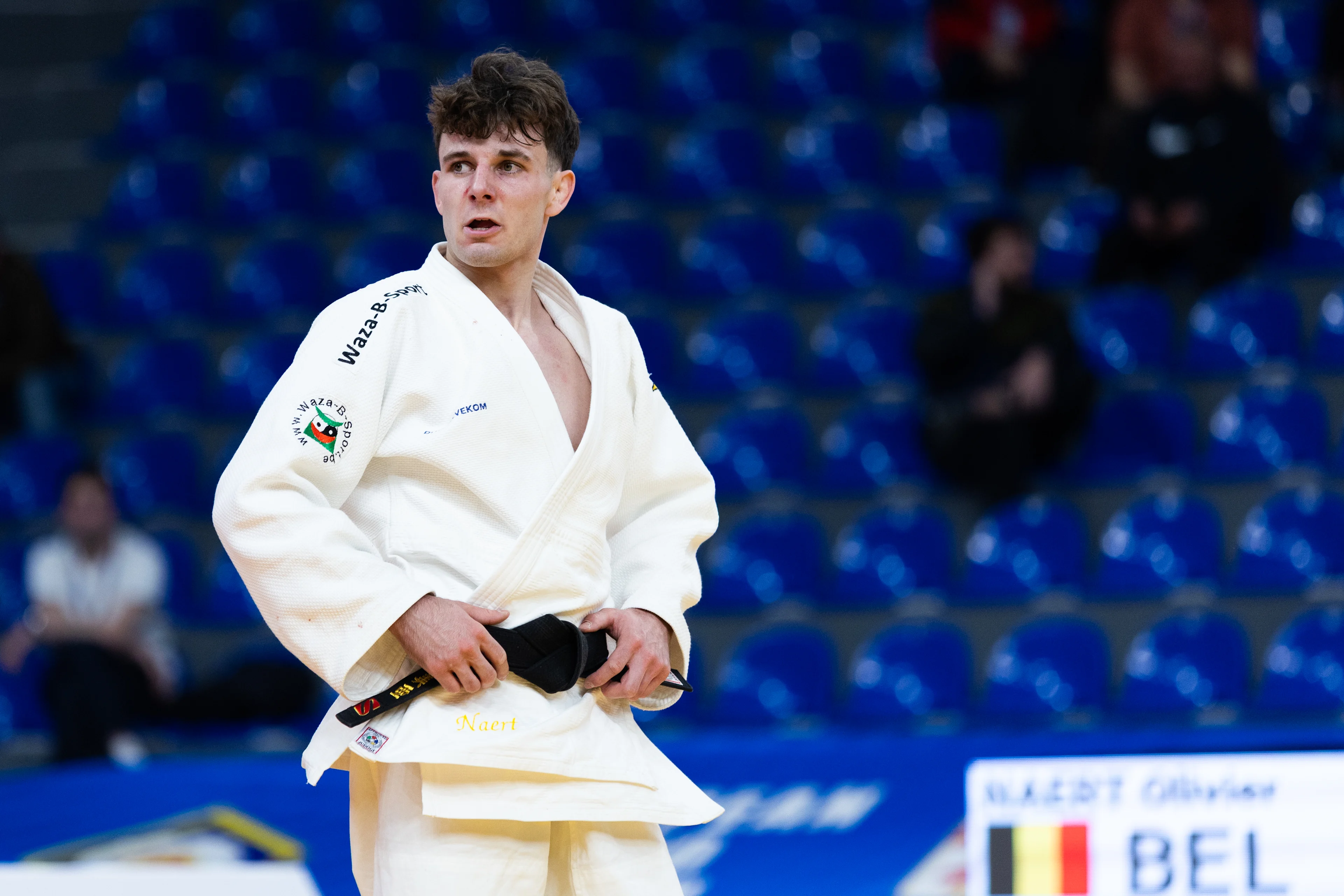 Olivier Naert of Belgium (white) reacts during a fight in the Men -60kg, at the European Championships judo in Tbilisi, Georgia, on Thursday 16 April 2026. BELGA PHOTO NIKOLA KRISTC