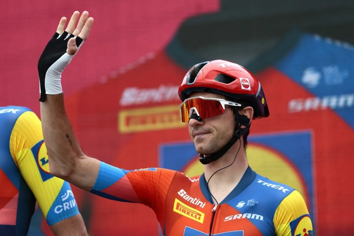 Lidl-Trek's Italian rider Giulo Ciccone waves a hand on stage prior to the first stage of the 108th Giro d'Italia cycling race, 160km from Durres to Tirana in Albania, on May 9, 2025. Luca Bettini / AFP