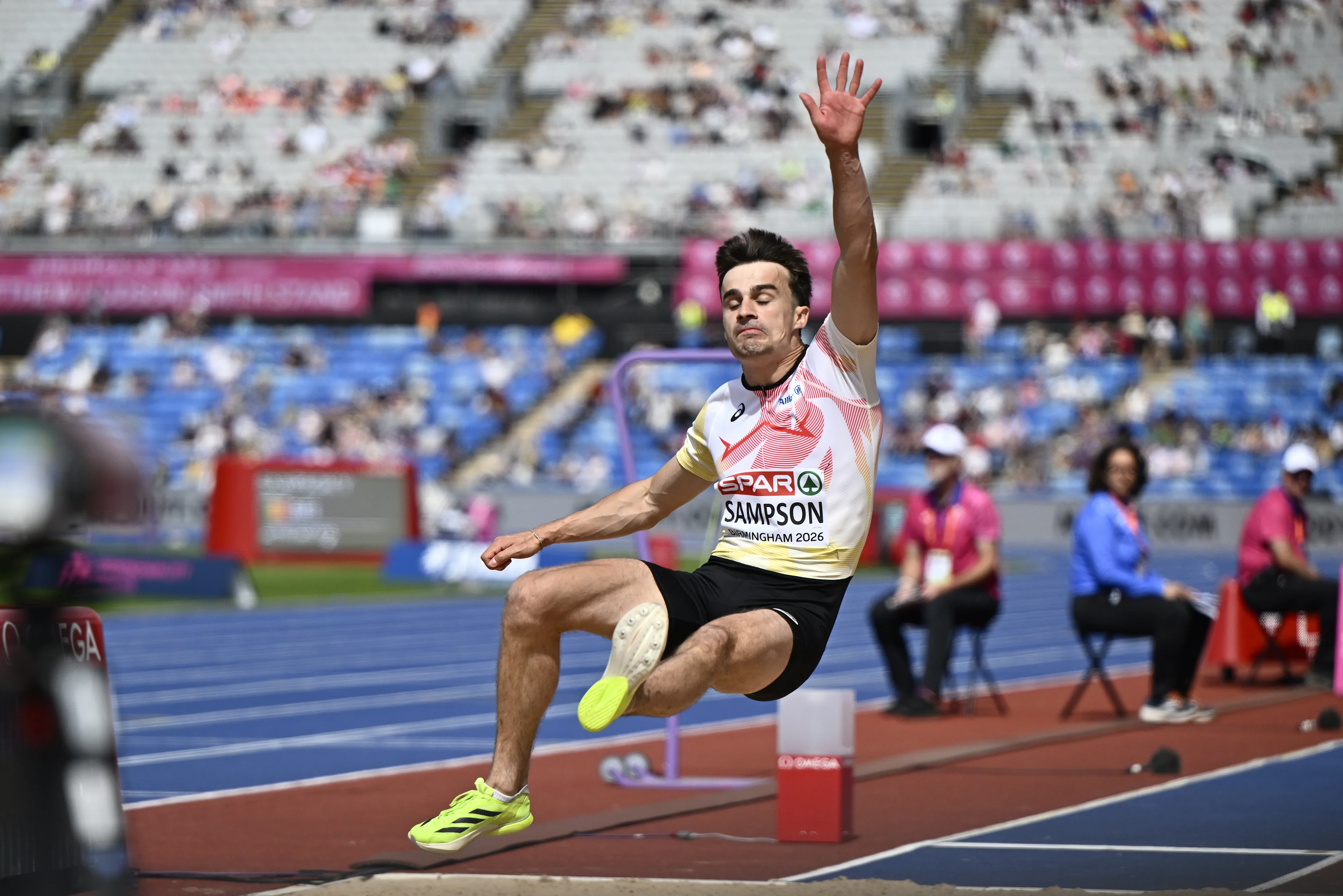 Belgian Yanni Sampson pictured in action during the qualifications of the men's long jump event at the European Athletics Championships (August 10-18) in Birmingham, United Kingdom, on Monday 10 August 2026. BELGA PHOTO ERIC LALMAND