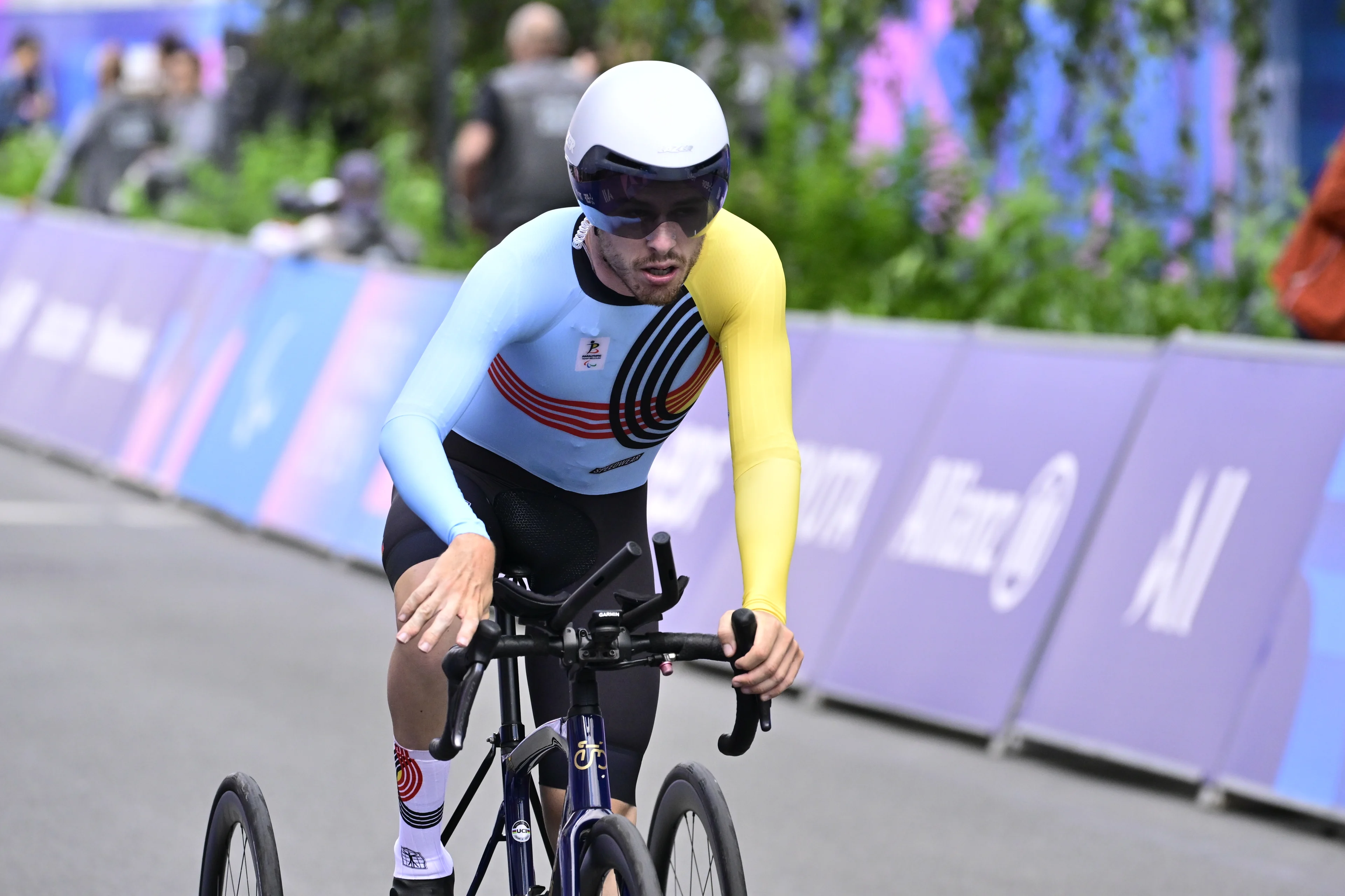 Belgian Paralympian athlete Tim Celen pictured at the finish of the time trial of the men MT1-2 category, in the para cycling, on day 8 of the 2024 Summer Paralympic Games in Paris, France on Wednesday 04 September 2024. The 17th Paralympics are taking place from 28 August to 8 September 2024 in Paris. BELGA PHOTO LAURIE DIEFFEMBACQ