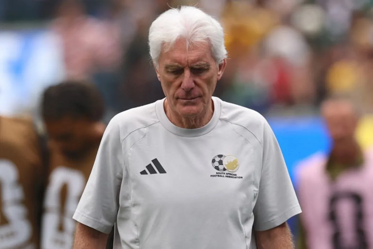 South Africa's Belgian head coach Hugo Broos gestures at the halftime of the 2026 World Cup round of 32 football match between South Africa and Canada at the Los Angeles Stadium in Inglewood on June 28, 2026.   ETIENNE LAURENT / AFP