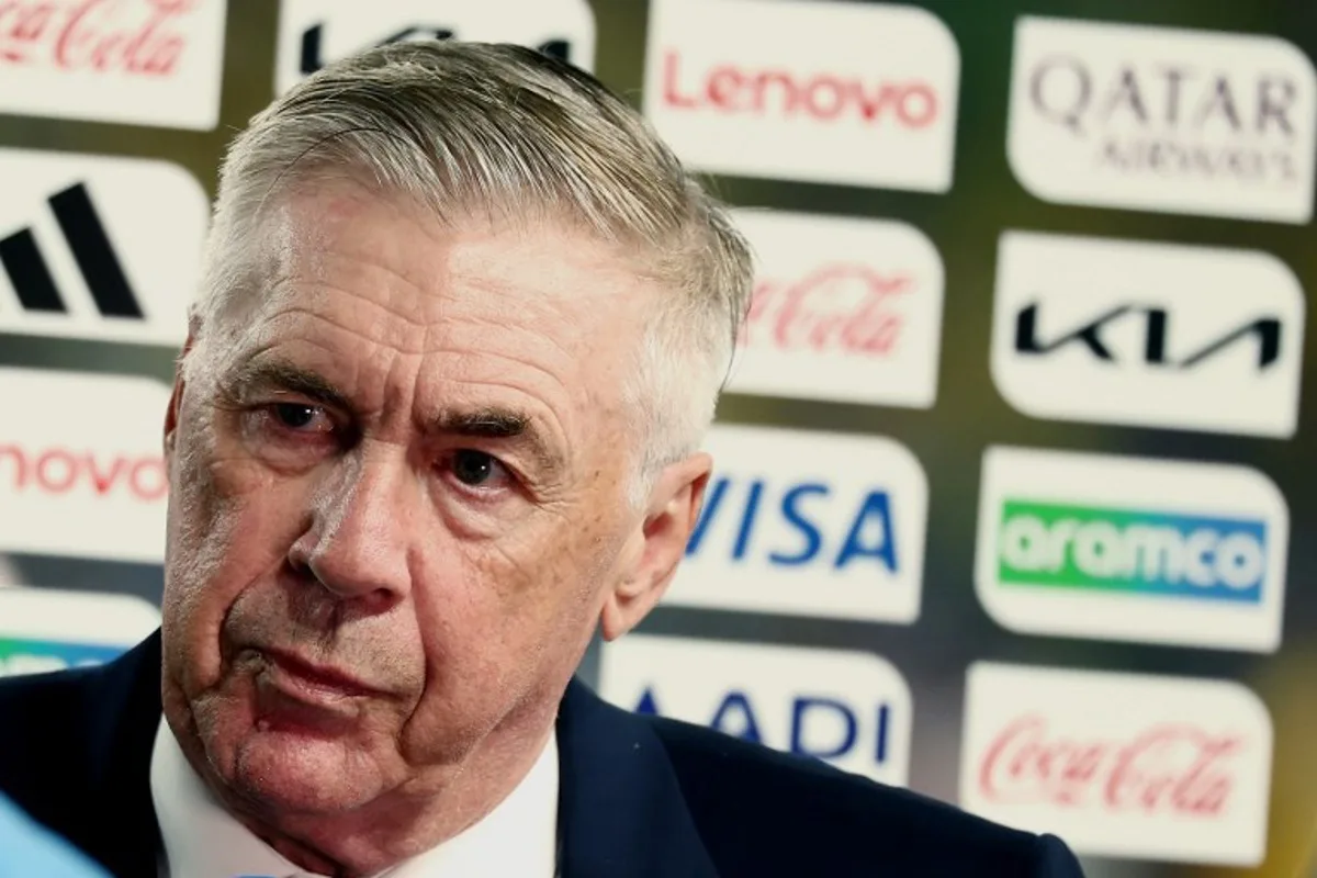 Brazil's Italian head coach Carlo Ancelotti speaks on the official TV broadcast after winning the 2026 World Cup Group C football match between Brazil and Haiti at the Philadelphia Stadium in Philadelphia on June 19, 2026. CHARLY TRIBALLEAU / AFP