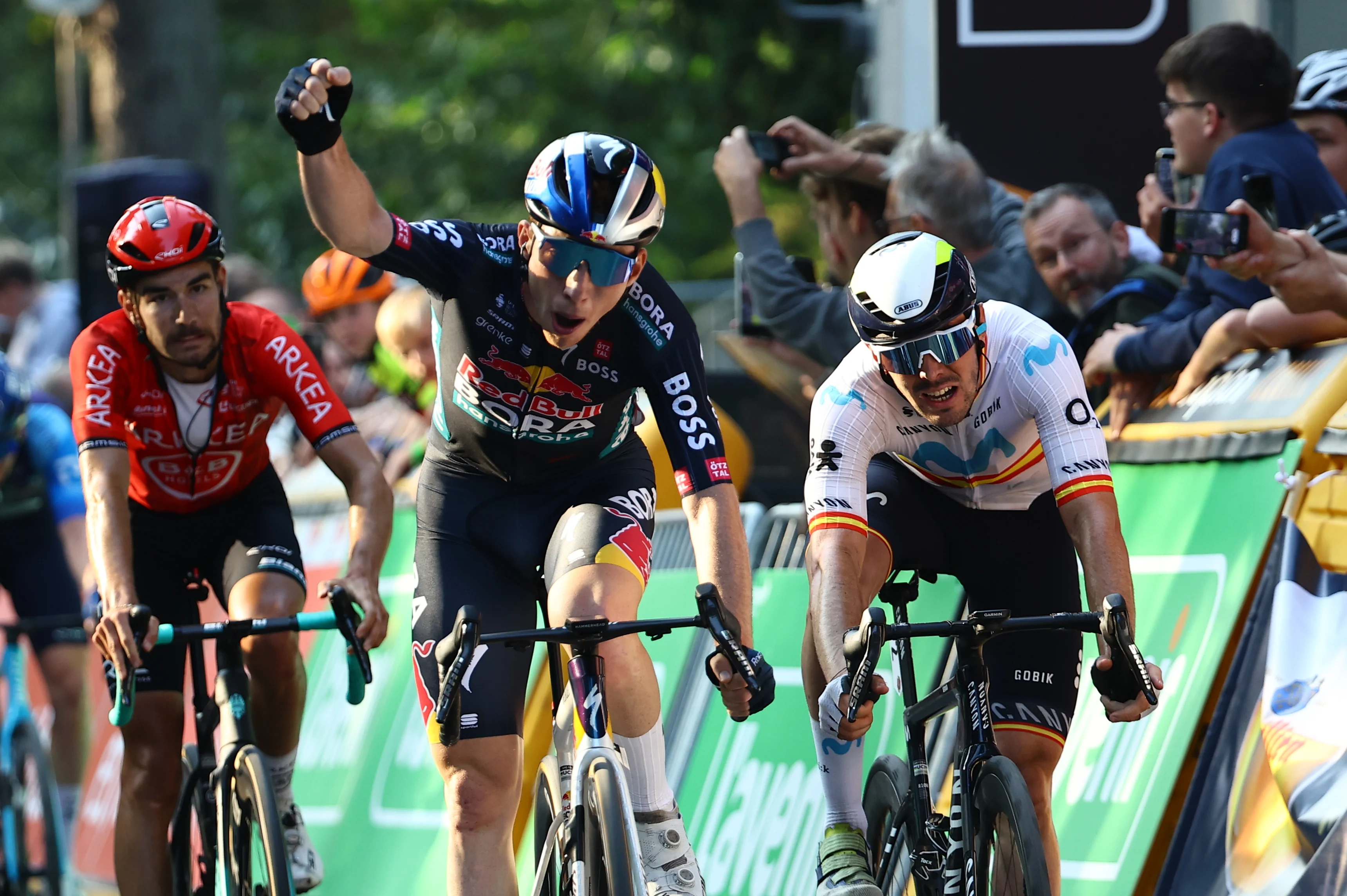 Spanish Roger Adria of Red Bull-Bora-Hansgrohe celebrates as he crosses the finish line to win the one day cycling race Grand Prix de Wallonie 2024 (202,3 km), from Blegny to the Citadelle de Namur, in Namur, on Wednesday 18 September 2024.  BELGA PHOTO DAVID PINTENS