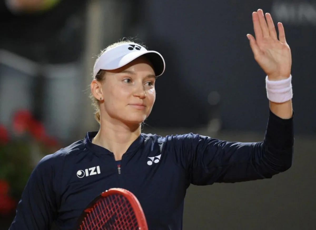 Kazakhstan's Elena Rybakina celebrates after winning against Czech Republic's Karolina Pliskova during the ATP Rome Open tennis tournament at Foro Italico in Rome on May 11, 2026. Tiziana FABI / AFP