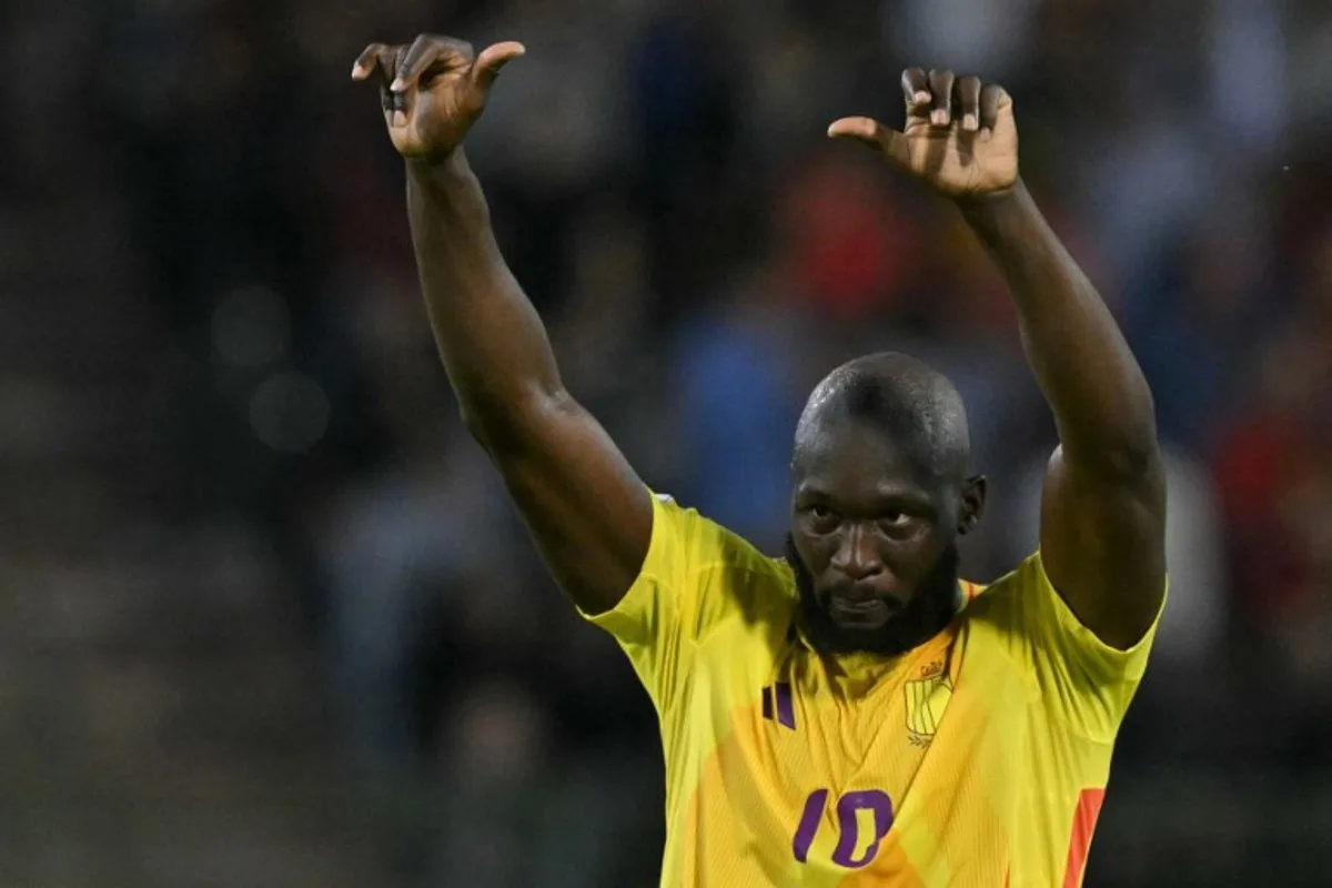 Belgium's forward #10 Romelu Lukaku reacts during the FIFA World Cup 2026 Group J European qualification football match between Belgium and Wales at the King Baudouin Stadium in Brussels, on June 9, 2025. NICOLAS TUCAT / AFP