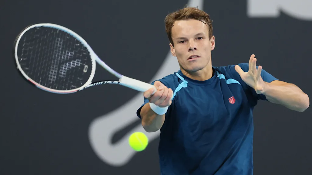 Belgian Michael Geerts pictured in action during a tennis match against Canadian Diez, a qualification for the men's singles at the BW Open ATP Challenger 125 tournament, in Louvain-la-Neuve, Monday 22 January 2024. THE BW Open takes place from 22 to 28 January. BELGA PHOTO BENOIT DOPPAGNE