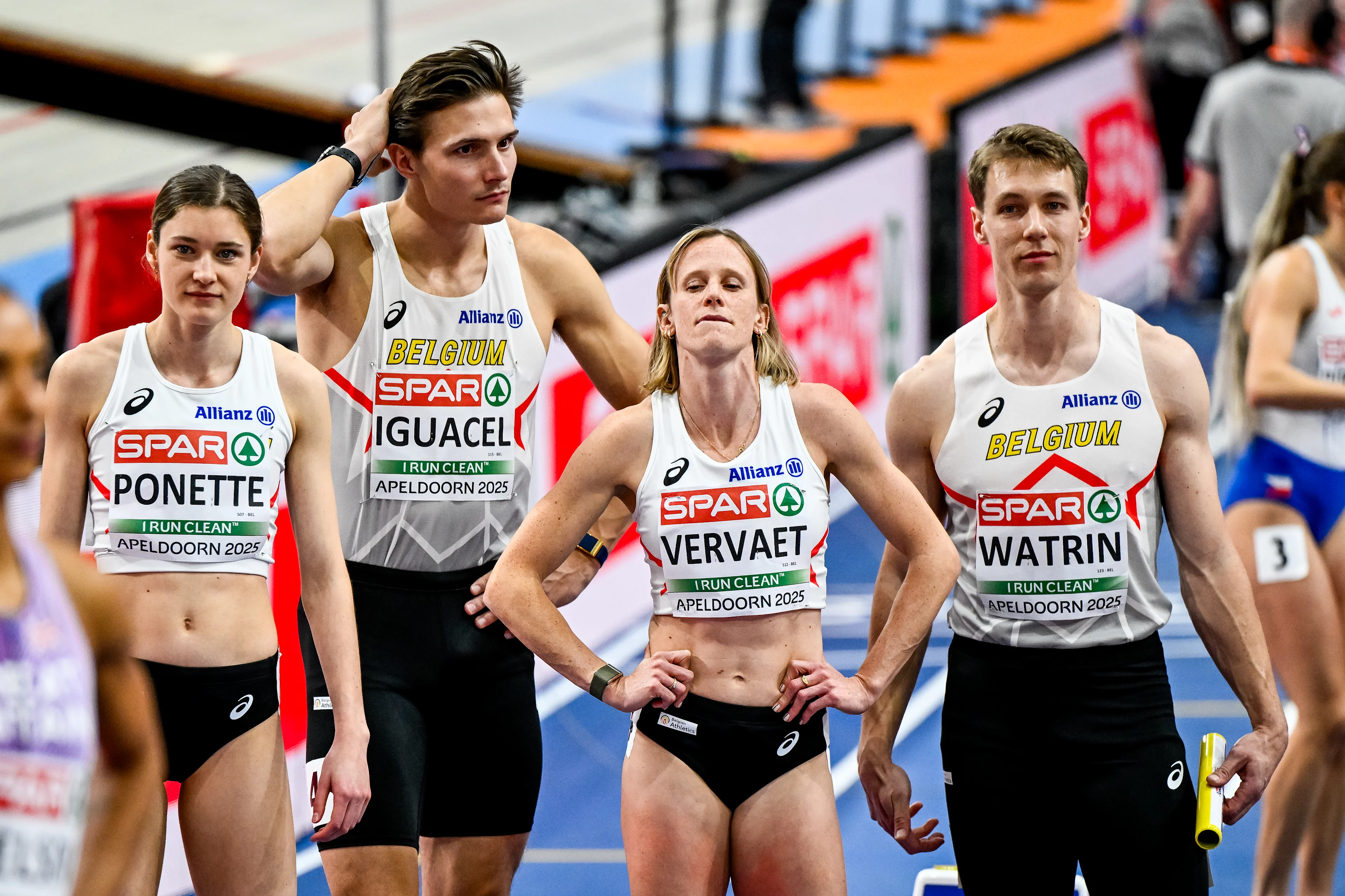 Belgian Helena Ponette, Belgian Christian Iguacel, Belgian Imke Vervaet and Belgian Julien Watrin pictured at the start of the European Athletics Indoor Championships, in Apeldoorn, The Netherlands, Thursday 06 March 2025. The championships take place from 6 to 9 March. BELGA PHOTO ERIC LALMAND