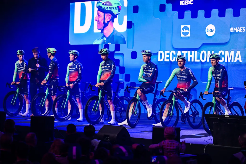 Decathlon CMA CGM Team riders pictured at the team presentation at the start of the 81st edition of the men's one-day cycling race Omloop Het Nieuwsblad (UCI World Tour), the opening race of the Flemish one-day classics season, 207,6 km from Gent to Ninove, Saturday 28 February 2026. BELGA PHOTO DAVID PINTENS