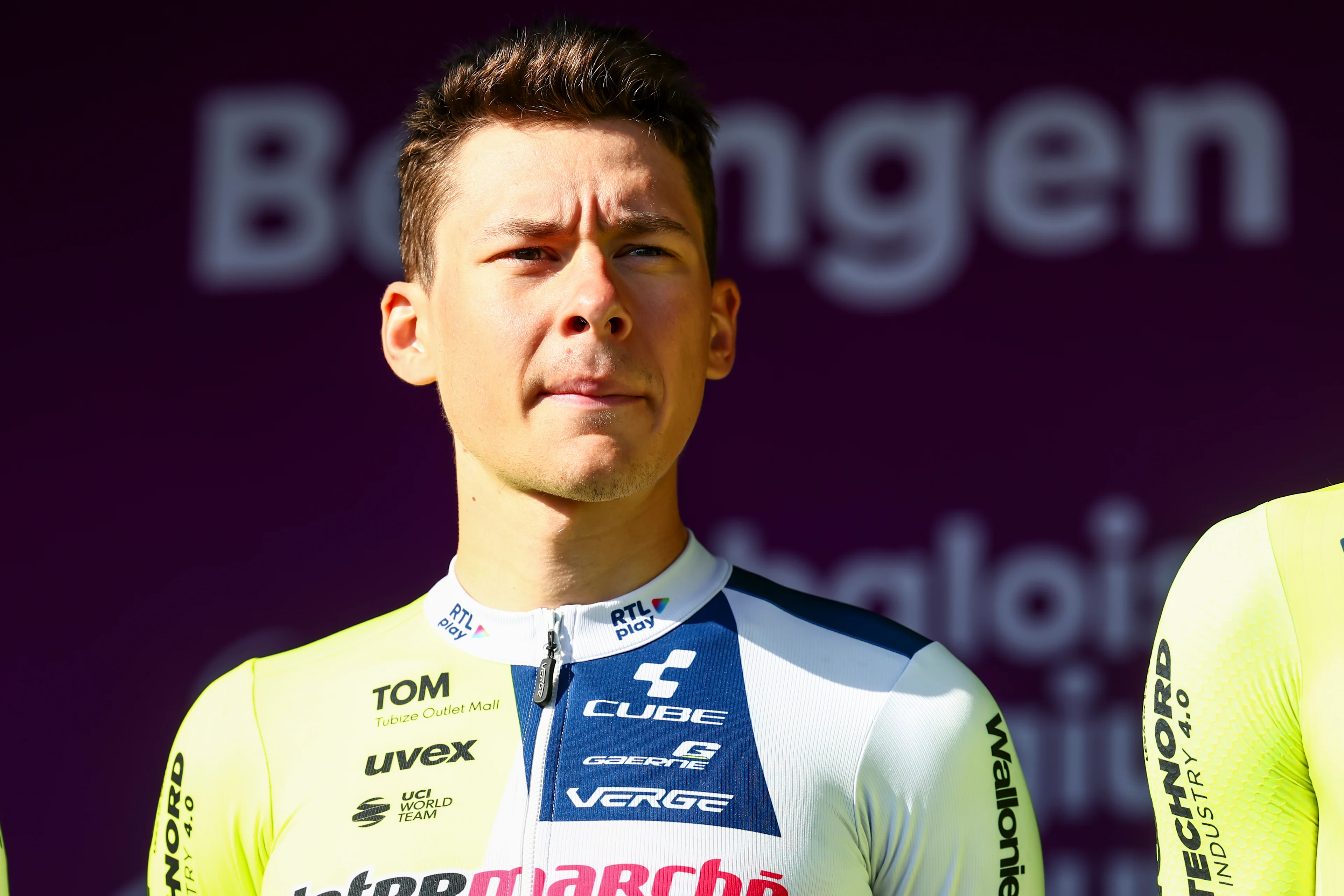 Belgian Rune Herregodts of Intermarche-Wanty pictured during the team presentation ahead of the Baloise Belgium Tour cycling race, in Beringen, on Tuesday 11 June 2024. The Belgium Tour takes place from 12 to 16 June 2024. BELGA PHOTO DAVID PINTENS