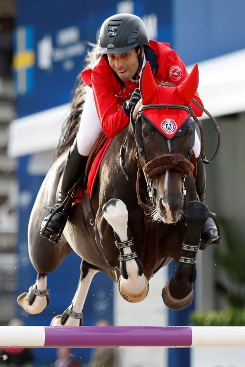 Abdel Said of Belgium on horse Goldenstar competes during the CSI5 GCL horse jumping Round 1 competition of the Global Champions Tour held in Stockholm on June 17, 2022.   Fredrik PERSSON / TT News Agency / AFP