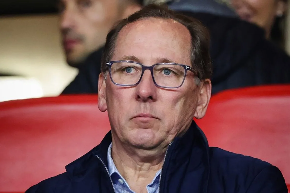 Olympique Lyonnais' (OL) US President John Textor looks on from the stands prior to the French L1 football match between AS Monaco and Olympique Lyonnais (OL) at the Louis II Stadium (Stade Louis II) in the Principality of Monaco on May 10, 2025. CLEMENT MAHOUDEAU / AFP