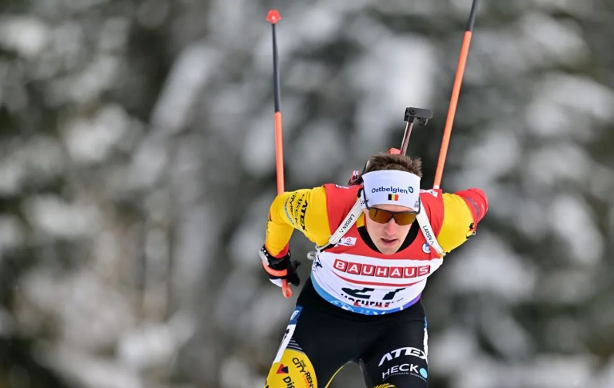 Belgium's Thierry Langer competes in the men's 10 km sprint event of the IBU Biathlon World Cup in Hochfilzen, Austria, on December 8, 2023.  Joe Klamar / AFP