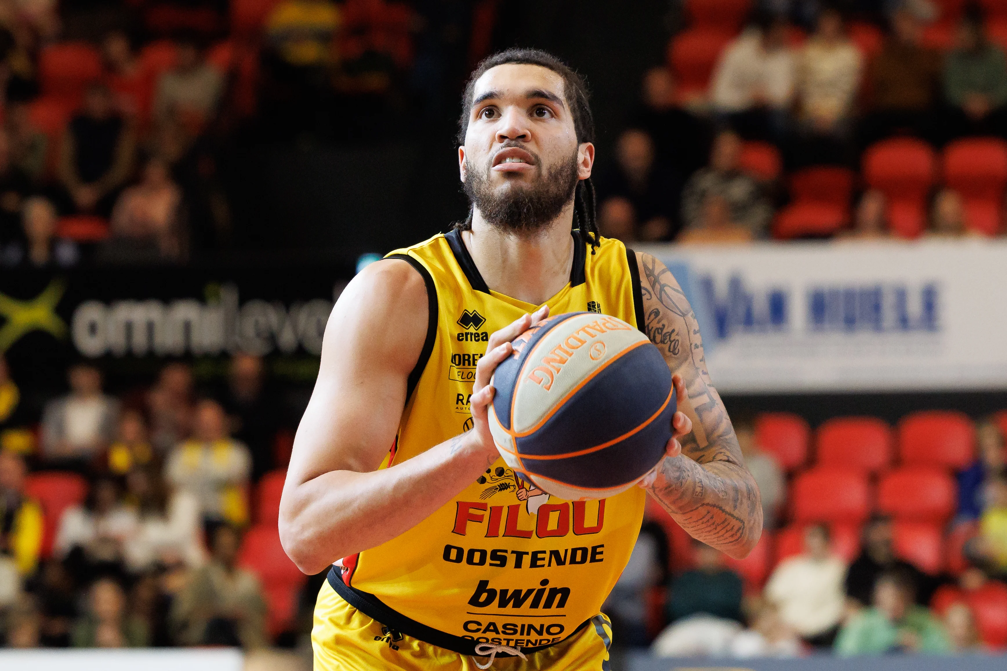 Oostende's Timmy Allen pictured in action during a basketball match between BC Oostende and Limburg United, Saturday 16 November 2024, in Oostende, on day 11 of the 'BNXT League' first division basket championship. BELGA PHOTO KURT DESPLENTER