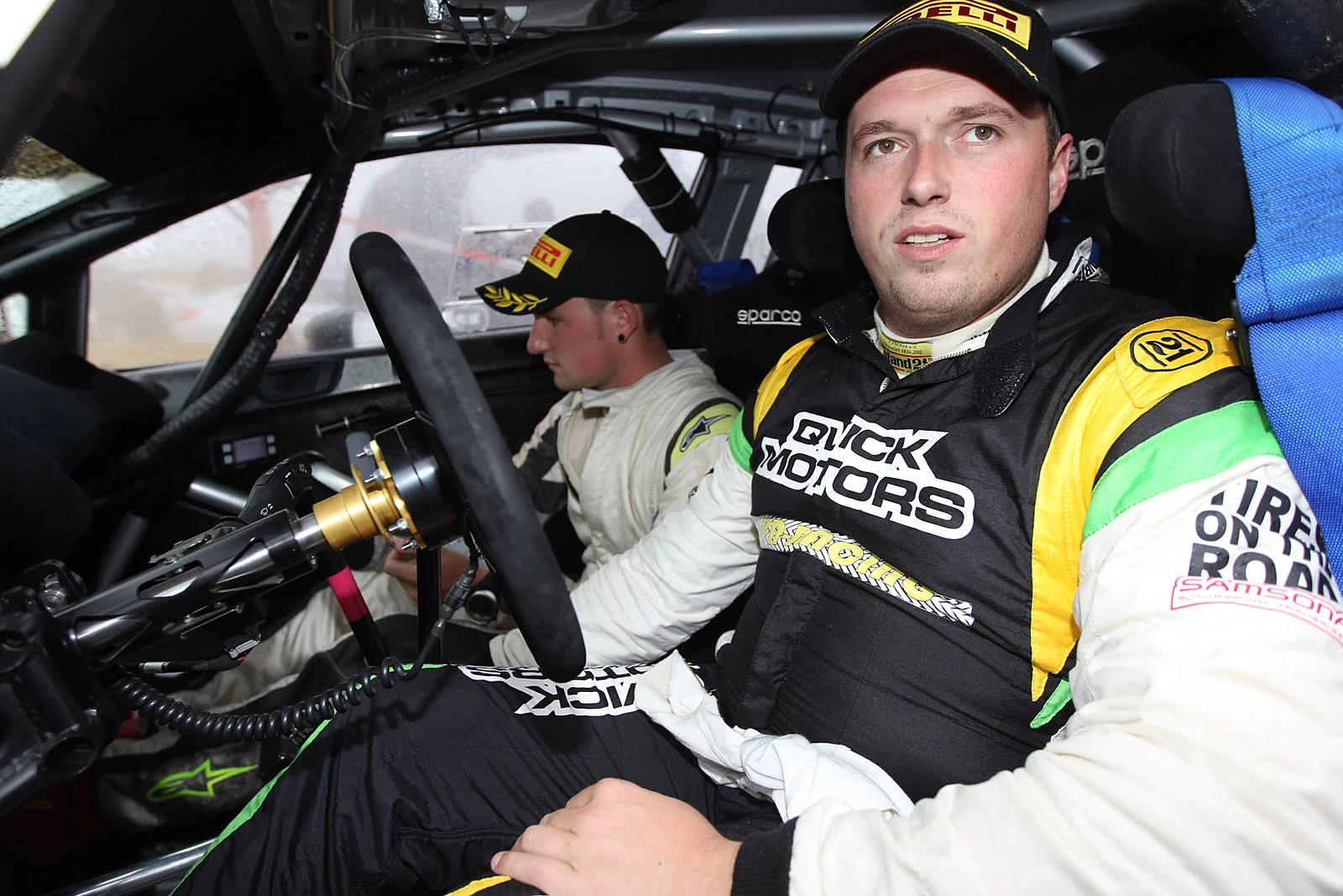 20150905 - PASSENDALE, BELGIUM : Belgian driver Tom Van Rompuy and his co-driver Bert Feys pictured at the Omloop van Vlaanderen rally, seventh stage of the Belgian Rally Championship, Saturday 05 September 2015, near Passendale. BELGA PHOTO WILLY WEYENS
