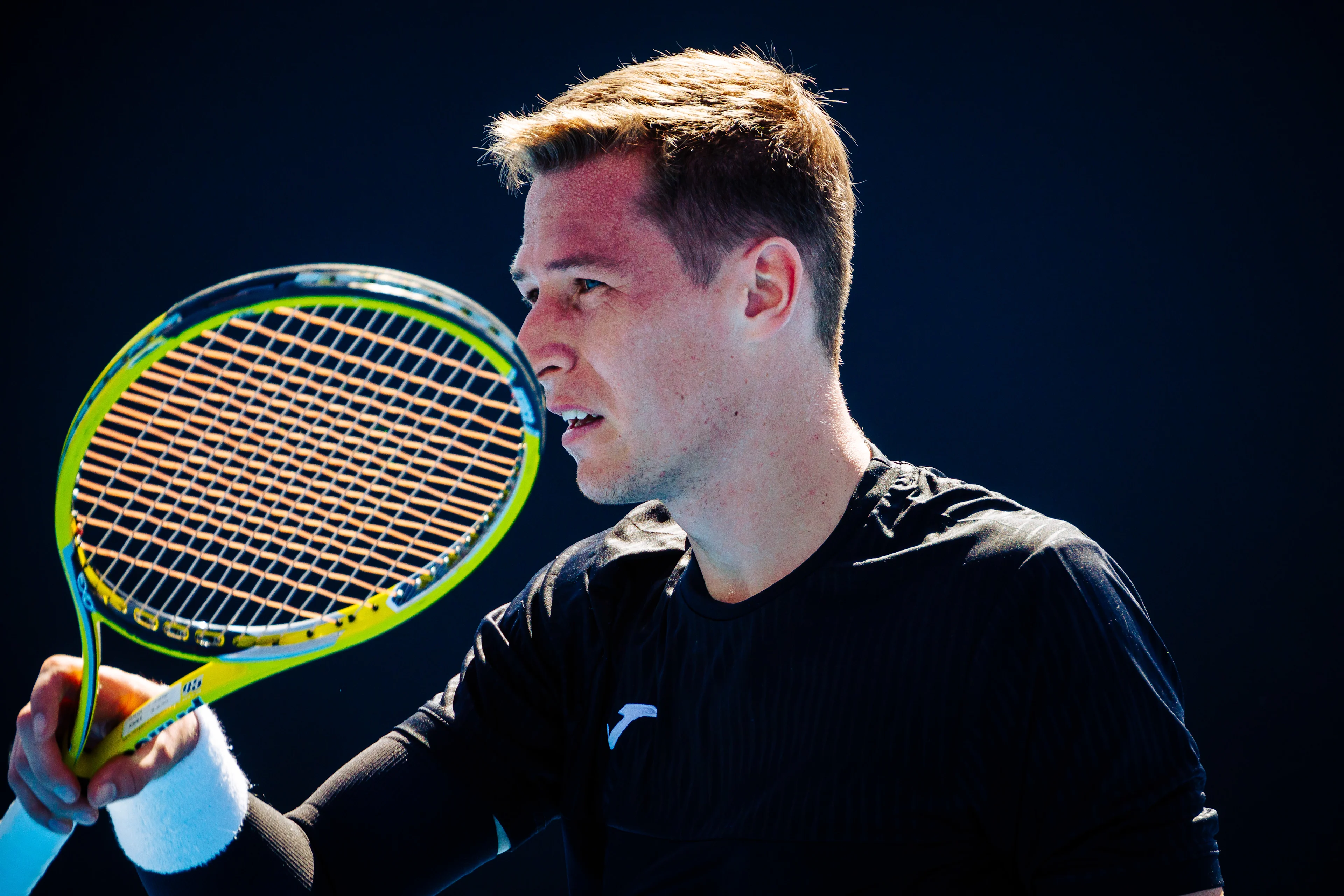 Kimmer Coppejans (ATP 183) reacts during a men's qualifying singles first round game between Argentina's Tirante Belgian Coppejans, at the 'Australian Open' Grand Slam tennis tournament, Tuesday 09 January 2024 in Melbourne Park, Melbourne, Australia. The 2024 edition of the Australian Grand Slam takes place from January 14th to January 28th. BELGA PHOTO PATRICK HAMILTON