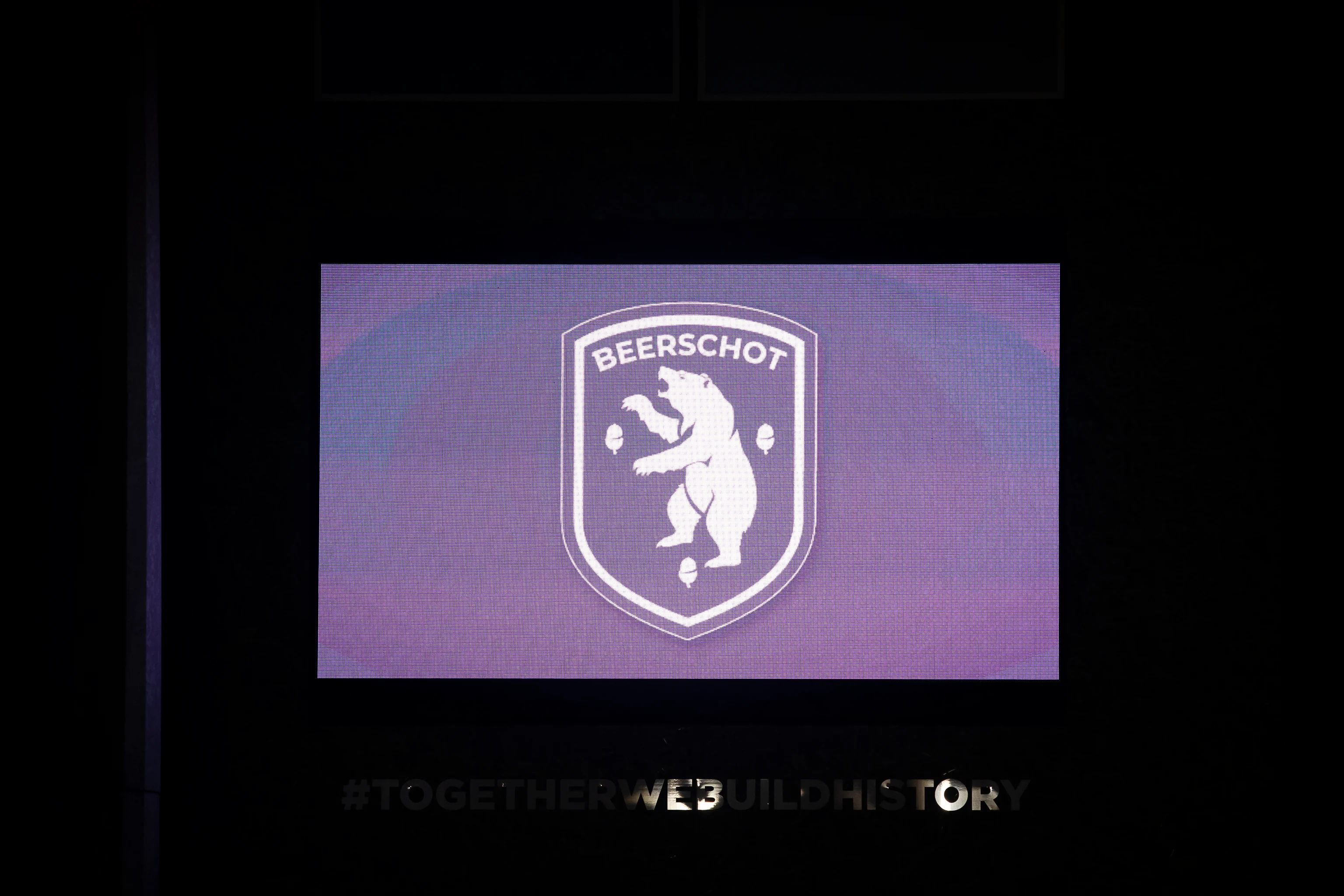 Beerschot's new logo pictured on a giant screen after a soccer game between KFCO Beerschot-Wilrijk and KV Oostende, Saturday 18 May 2019 in Antwerp, on the tenth and last dayof the Play-off 2B of the 'Jupiler Pro League' Belgian soccer championship. BELGA PHOTO KRISTOF VAN ACCOM