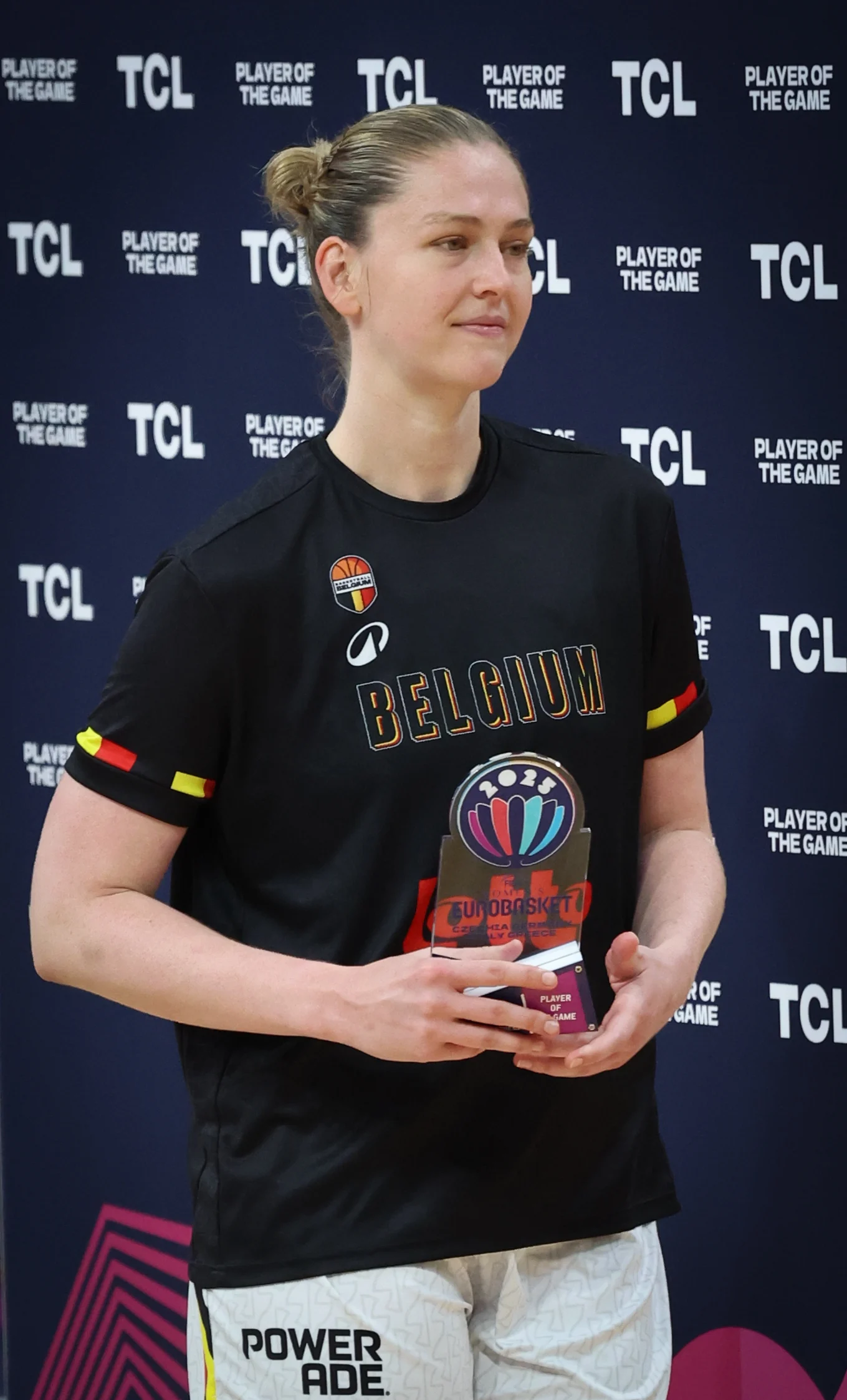 Belgium's Emma Meesseman celebrates after winning a basketball match between Belgian national team 'the Belgian Cats' and Germany, in the quarterfinals of the FIBA Women's EuroBasket tournament, Wednesday 25 June 2025 in Piraeus, Greece. BELGA PHOTO VIRGINIE LEFOUR