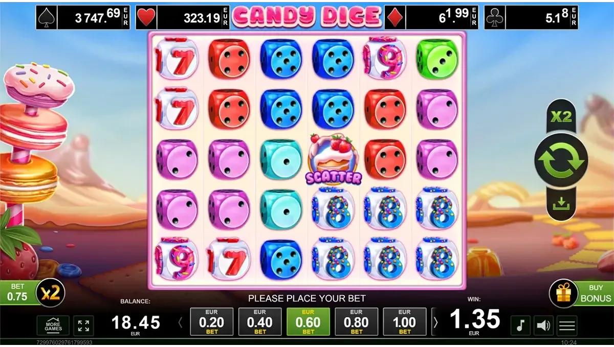 Image of Candy Dice by Amusnet, a colourful slot with multipliers, available on the online casino platform Casino King.