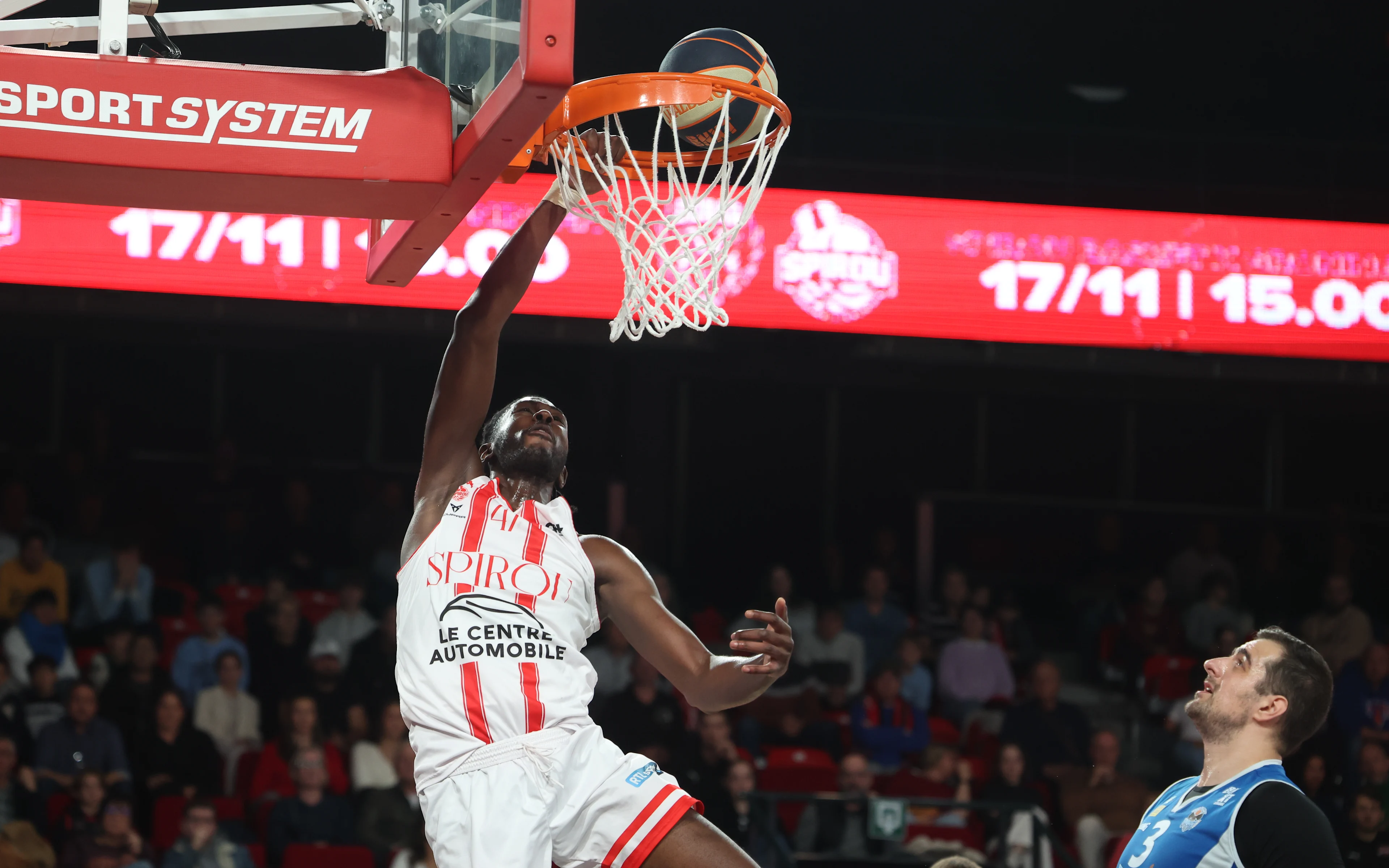 Spirou's Archange Izaw Bolavie pictured in action during a basketball match between Spirou Charleroi and Okapi Aalst, Sunday 03 November 2024 in Charleroi, on day 9 of the 'BNXT League' Belgian and Dutch first division basket championships. BELGA PHOTO VIRGINIE LEFOUR