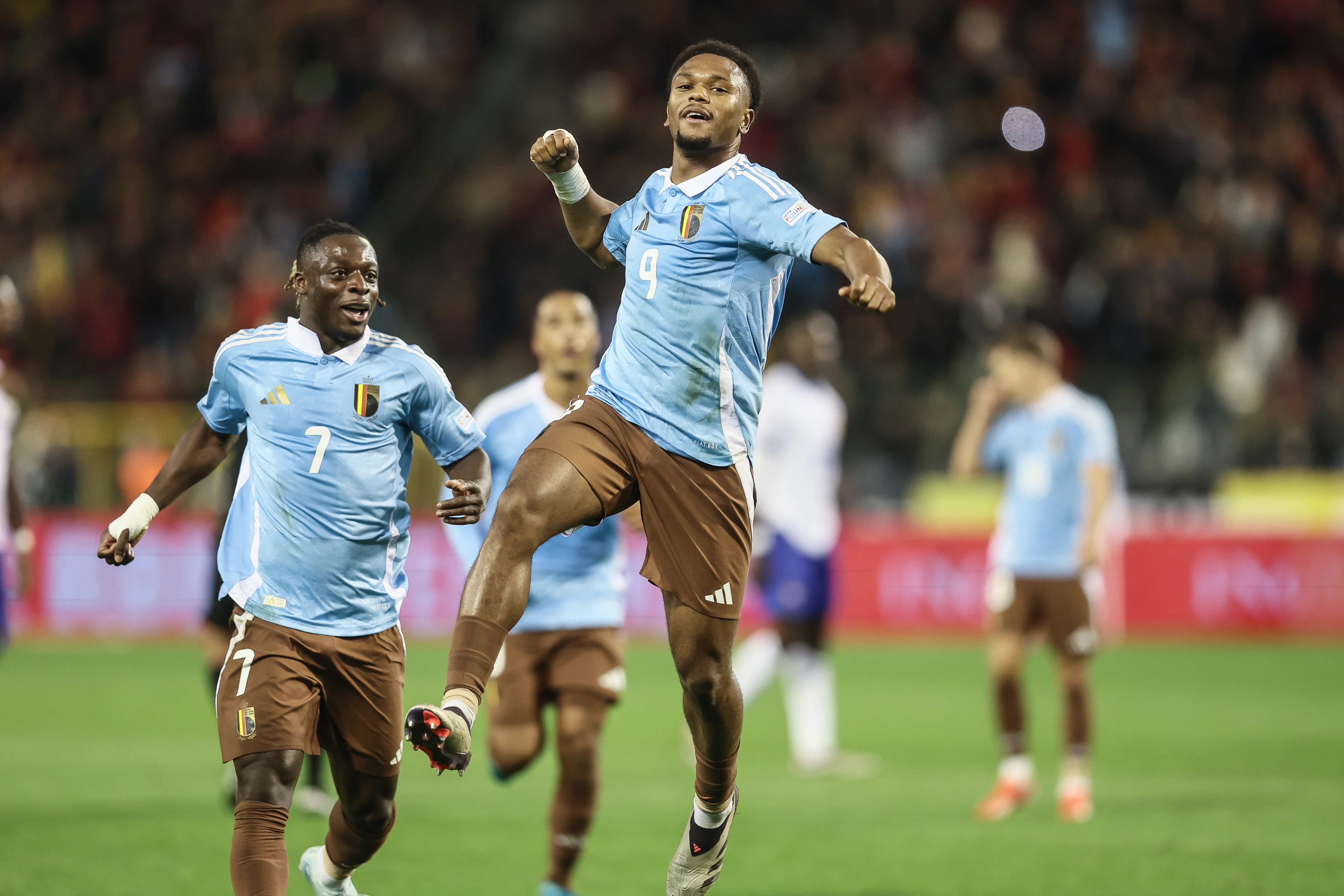 Belgium's Lois Openda celebrates after scoring during a soccer game between Belgian national soccer team Red Devils and France, match 4 (out of 6) in the League A Group 2 of the UEFA Nations League 2025 competition, Monday 14 October 2024 in Brussels. BELGA PHOTO BRUNO FAHY