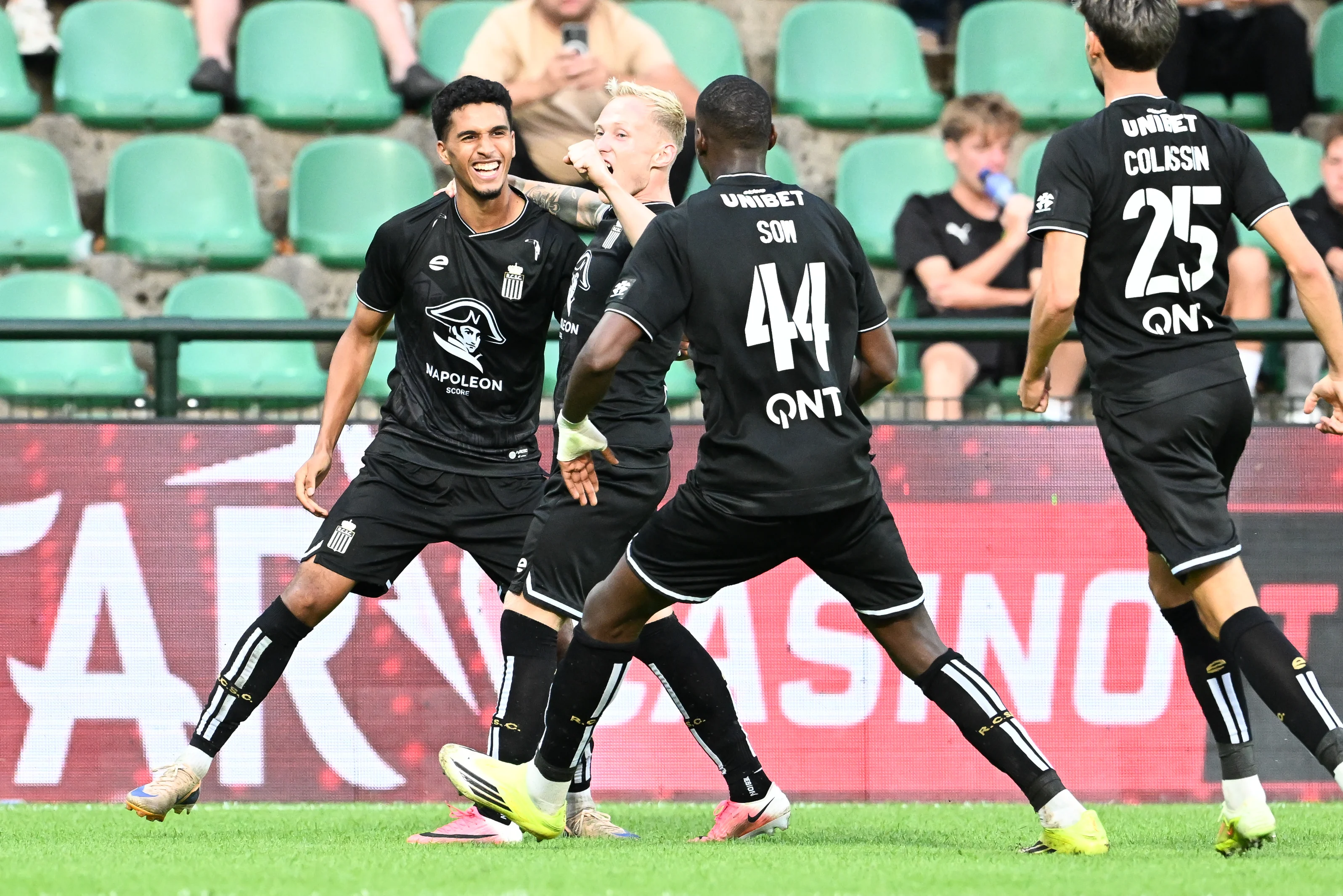 Charleroi's Amine Boukamir celebrates after scoring during a soccer match between Lommel SK and Sporting Charleroi, Sunday 16 August 2026 in Lommel, on day 2 of the 2026-2027 'Jupiler Pro League' first division of the Belgian championship. BELGA PHOTO JILL DELSAUX