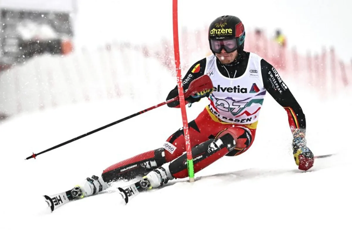 Belgium's Armand Marchant competes in the Men's Slalom race as part of the FIS Alpine Ski World Cup 2024-2025, in Adelboden, Switzerland on January 11, 2025.  FABRICE COFFRINI / AFP