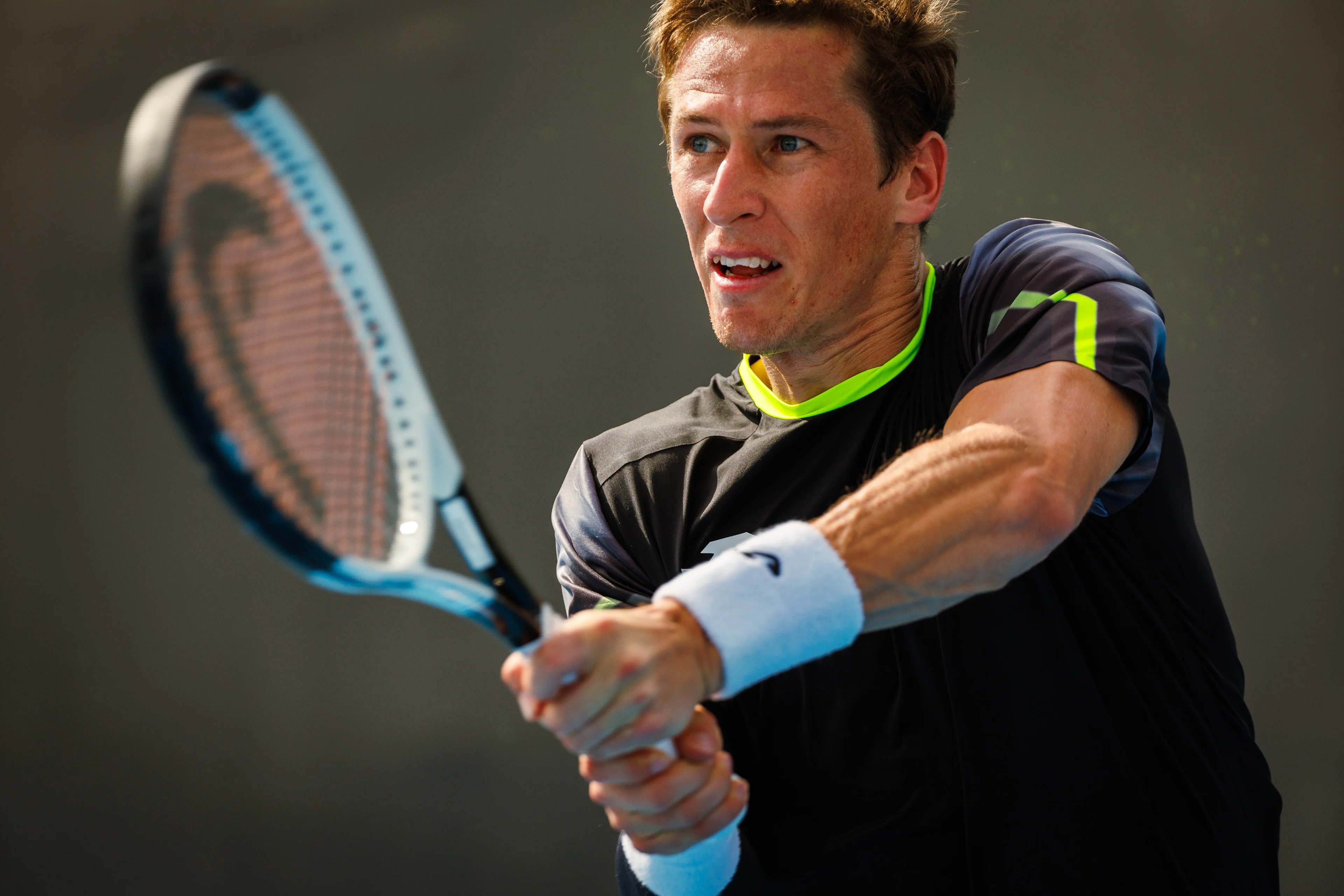 Belgian Kimmer Coppejans pictured in action during a tennis match against Monegasque Vacherot, in the third round of the qualifiers for the men's singles tournament, at the 'Australian Open' Grand Slam tennis tournament, Thursday 09 January 2025 in Melbourne Park, Melbourne, Australia. The 2024 edition of the Australian Grand Slam takes place from January 14th to January 28th. BELGA PHOTO PATRICK HAMILTON