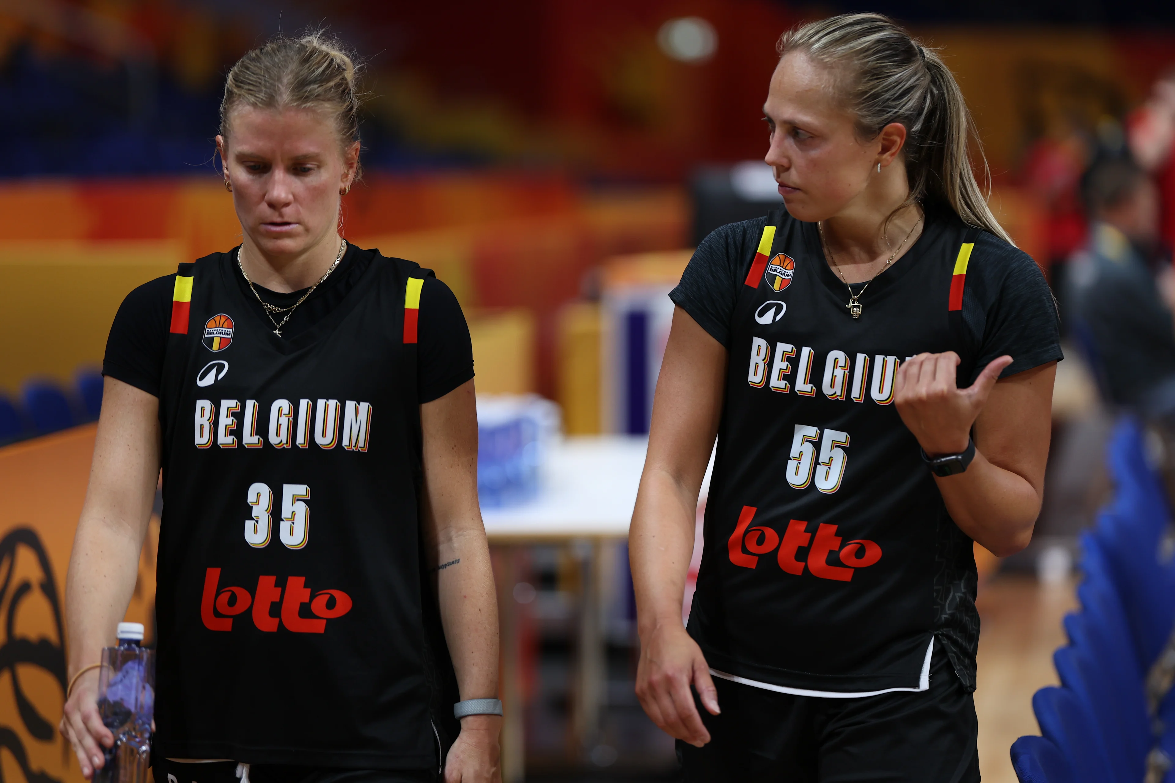 Belgium's Julie Vanloo and Belgium's Julie Allemand pictured after a training session of Belgian Cats in Berlin Arena on Wednesday 2 September 2026. Women's basketball worldcup takes place in Germany from 4 to 23 September 2026. BELGA PHOTO VIRGINIE LEFOUR