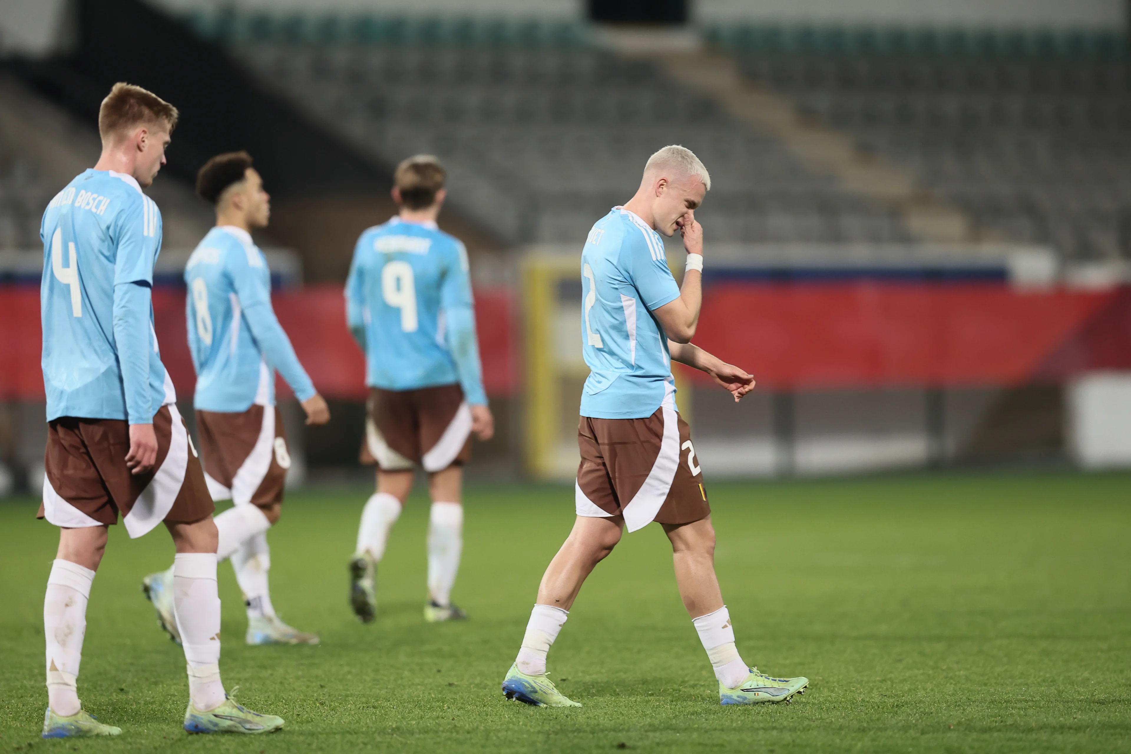 Belgium's players look dejected during a soccer game between the U21 youth team of the Belgian national team Red Devils and the U21 of Czechia, in Heverlee, Leuven, on Friday 15 November 2024, the first leg of the play-offs for the 2025 UEFA European Under21 Championship. BELGA PHOTO BRUNO FAHY