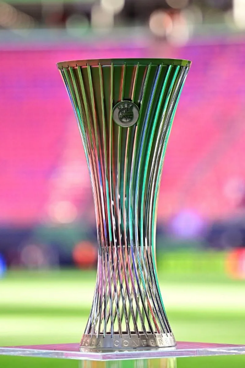 The Conference League trophy is displayed prior to the UEFA Conference League final football match between Crystal Palace FC and Rayo Vallecano de Madrid in Leipzig, eastern Germany, on May 27, 2026.    Tobias SCHWARZ / AFP
