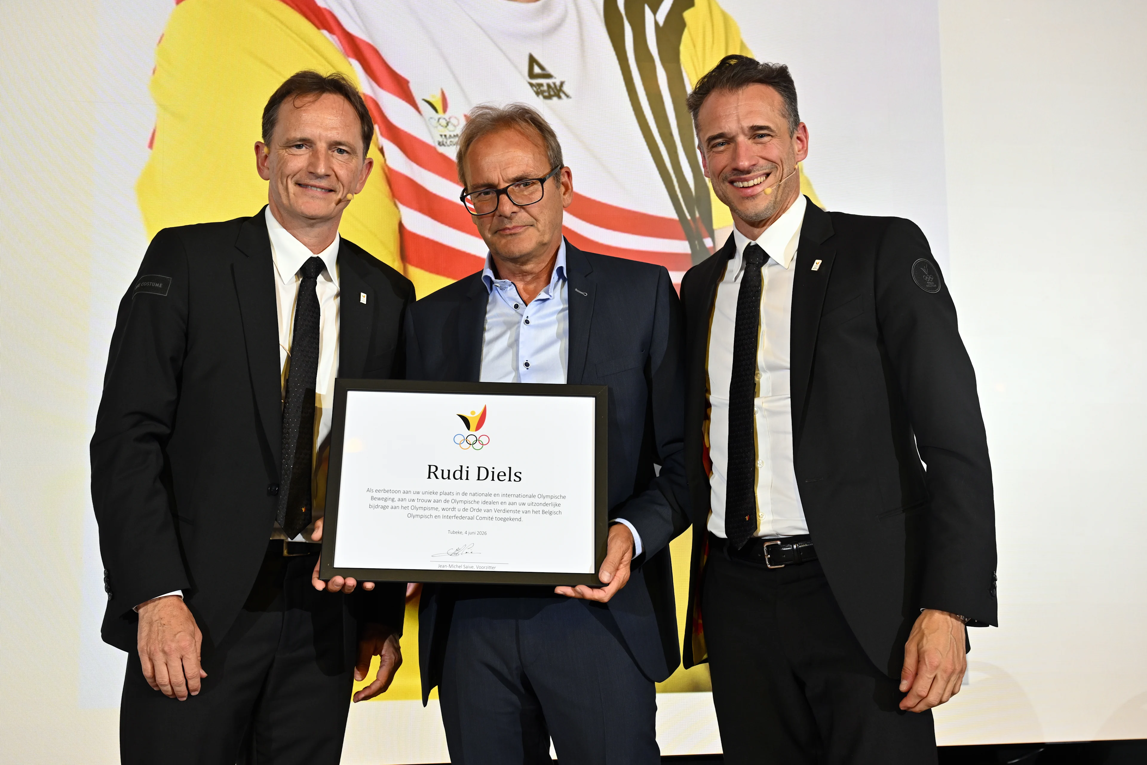 BOIC - COIB chairman Jean-Michel Saive, Belgian athletics coach Rudi Diels and BOIC - COIB CEO Cedric Van Branteghem pose for the photographer during the annual general assembly of the Belgian Olympic Committee BOIC - COIB, in Tubize, Thursday 04 June 2026. BELGA PHOTO ERIC LALMAND