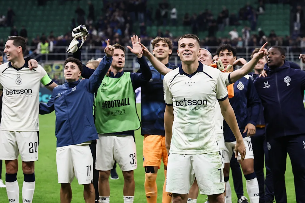 Club's players celebrate after a soccer game between Italian Inter Milan and Belgian Club Brugge KV, Tuesday 13 October 2026 in Milan, Italy, on day 2 of the UEFA Champions League league phase. BELGA PHOTO BRUNO FAHY