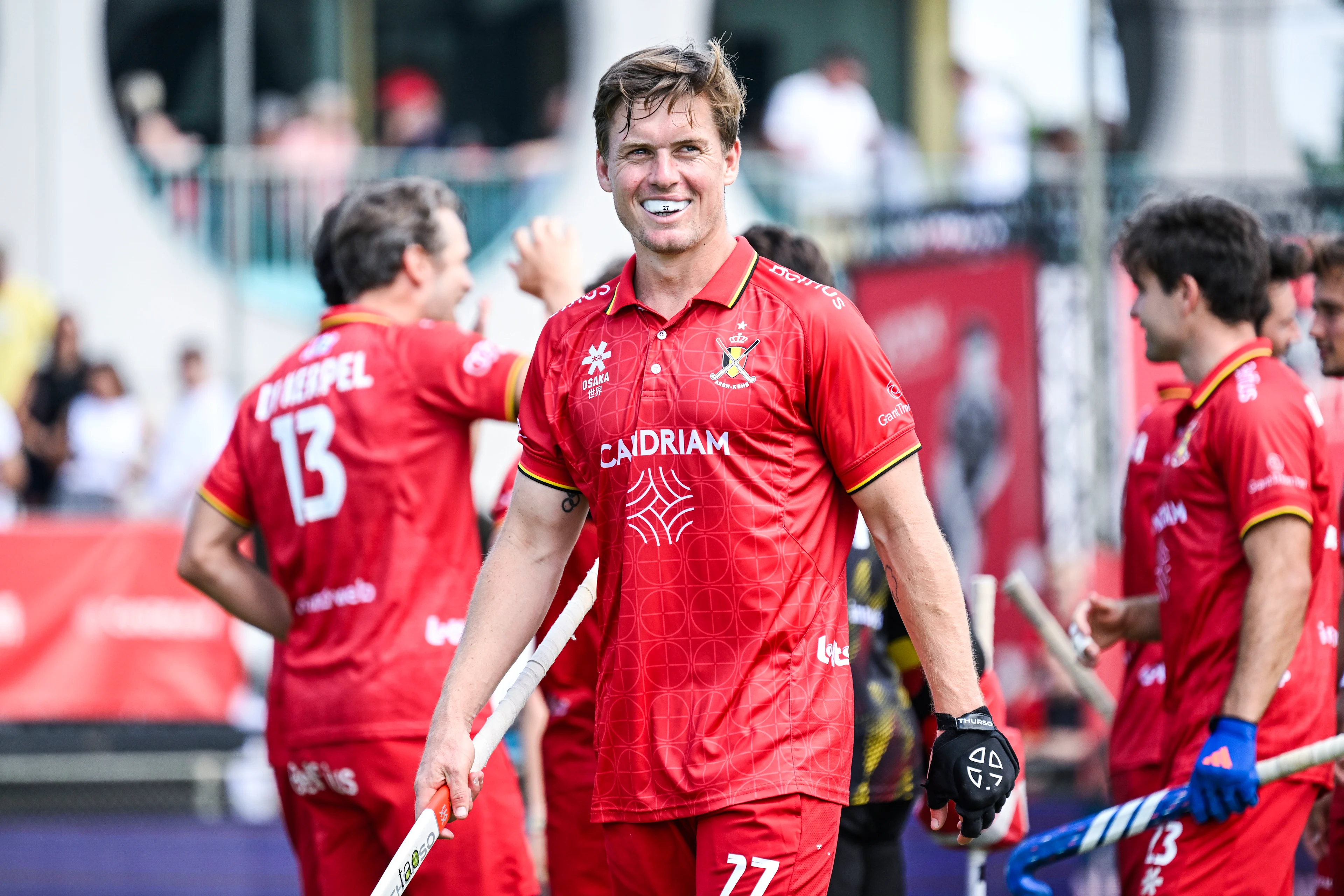 Belgium's Tom Boon celebrates after a hockey game between Belgian national team Red Lions and England, match 16/16 in the group stage of the 2025 men's FIH Pro League, Sunday 29 June 2025 in Antwerp. BELGA PHOTO TOM GOYVAERTS