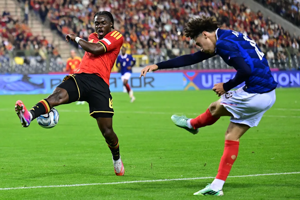 Belgium's Romeo Lavia and France's Maghnes Akliouche pictured during a soccer game between Belgian national team Red Devils and France, on Monday 28 September 2026 in Brussels, the second game of the UEFA Nations League group stage. BELGA PHOTO DIRK WAEM