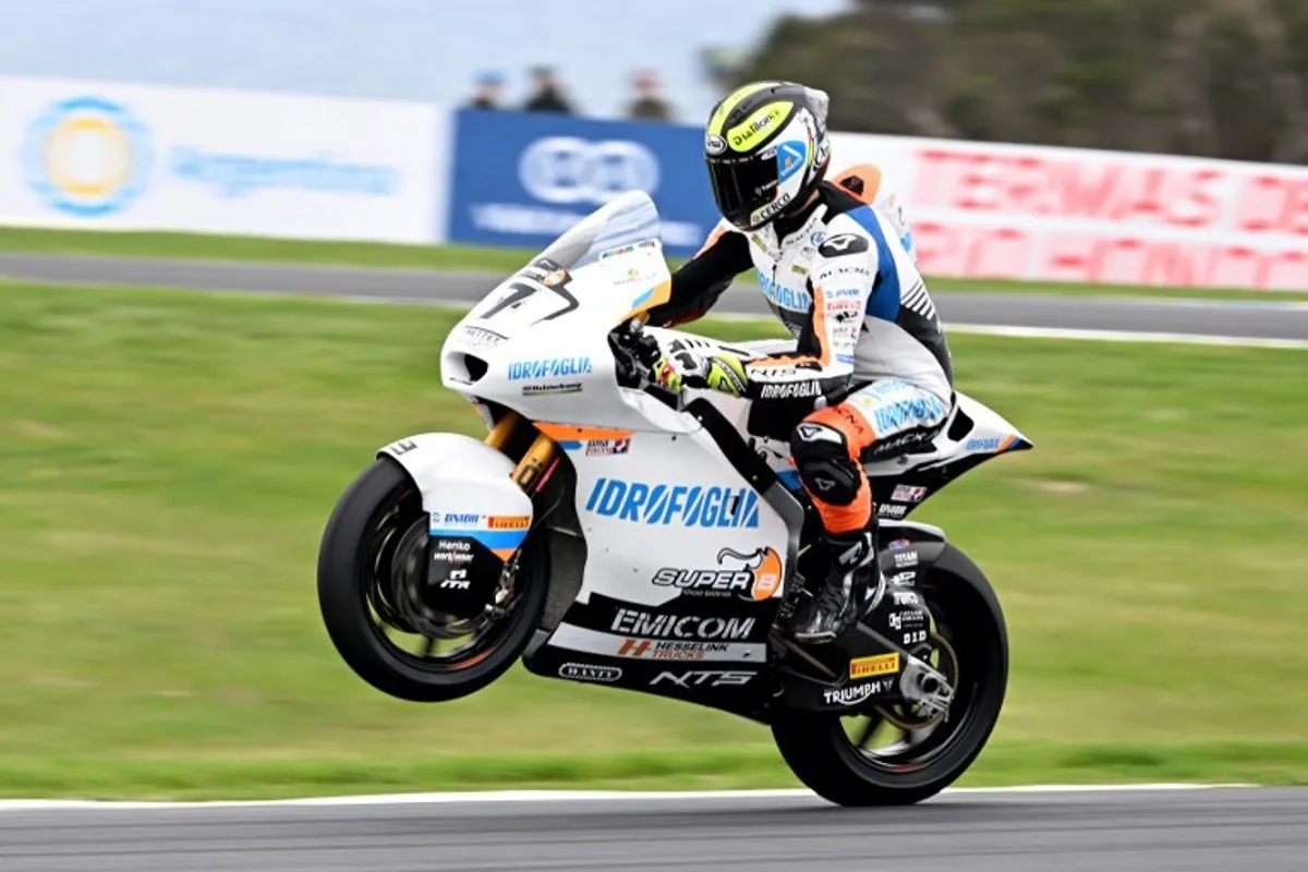 RW Racing GP team rider Barry Baltus of Belgium speeds through a corner during qualifying in Moto2 at the Australian MotoGP on Philip Island on October 19, 2024.   William WEST / AFP