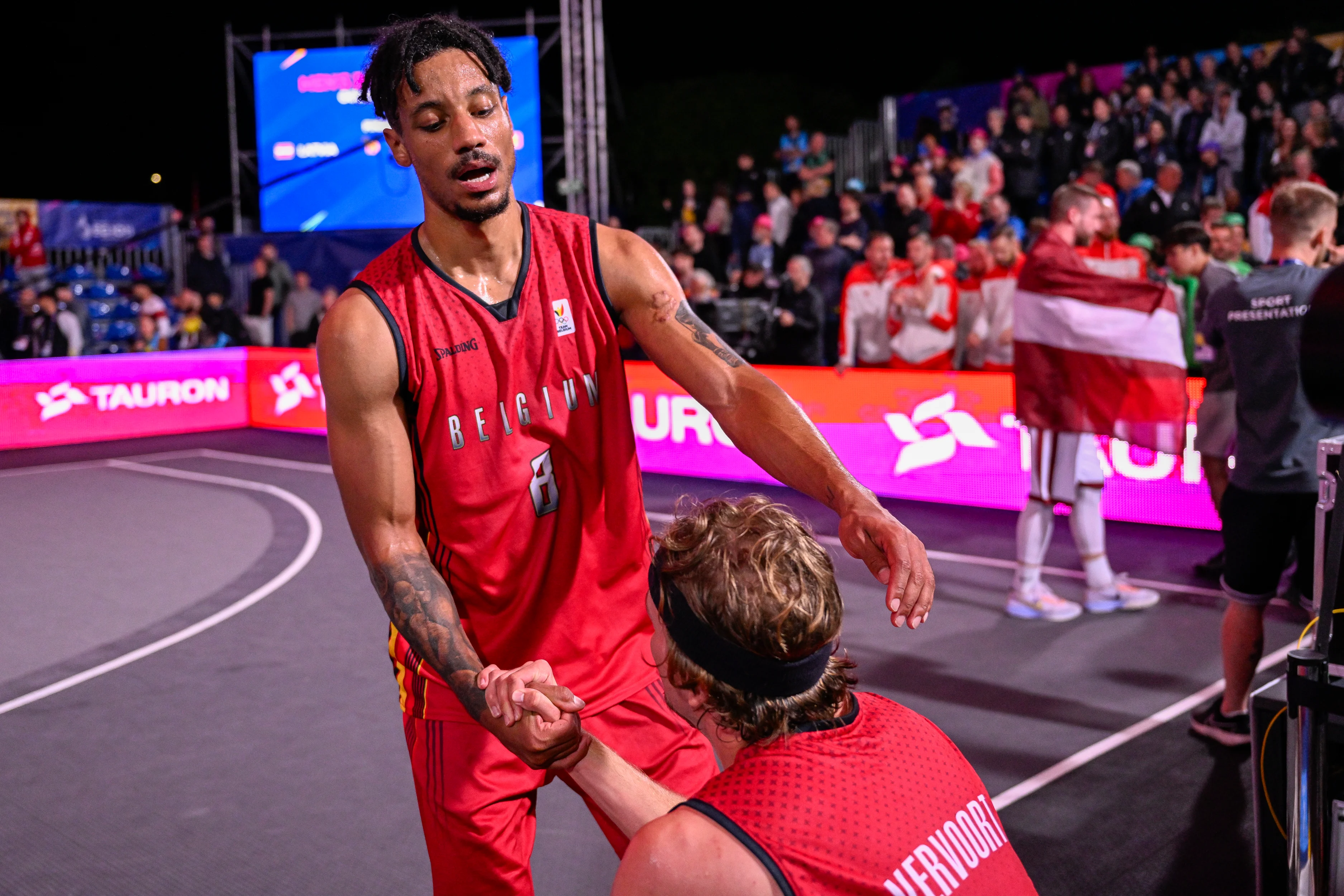 Belgian Dennis Donkor and Belgian Thibaut Vervoort react after a 3x3 basketball game between Belgium and Latvia, the final of the Basket 3x3 competition, on the third day of the European Games, in Krakow, Poland, Saturday 24 June 2023. The 3rd European Games, informally known as Krakow-Malopolska 2023, is a scheduled international sporting event that will be held from 21 June to 02 July 2023 in Krakow and Malopolska, Poland. BELGA PHOTO LAURIE DIEFFEMBACQ