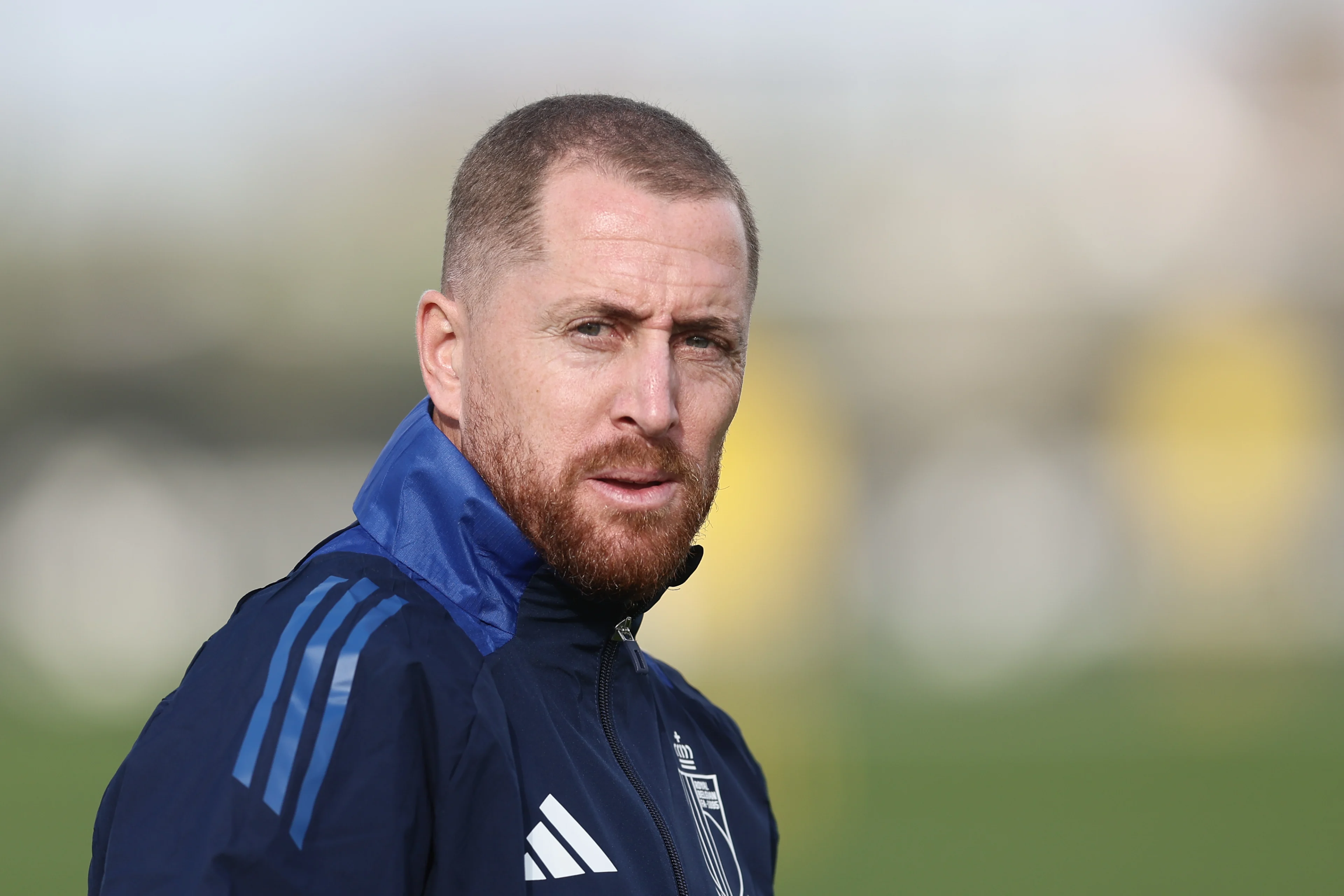 Belgium's U21 head coach Gill Swerts pictured during a training session of the Belgian national soccer team Red Devils U21, at the Royal Belgian Football Association's training center, in Tubize, Tuesday 08 October 2024. The Red Devils U21 are playing against Scotland on Friday, for the UEFA EC qualifiers. BELGA PHOTO BRUNO FAHY