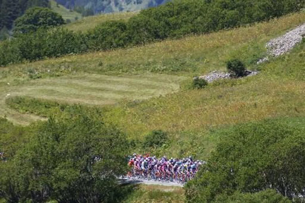 Cyclists ride during the 16th stage of the 89th Tour de France between Les Deux-Alpes and La Plagne, 24 July 2002. AFP PHOTO JOEL SAGET DV FRA