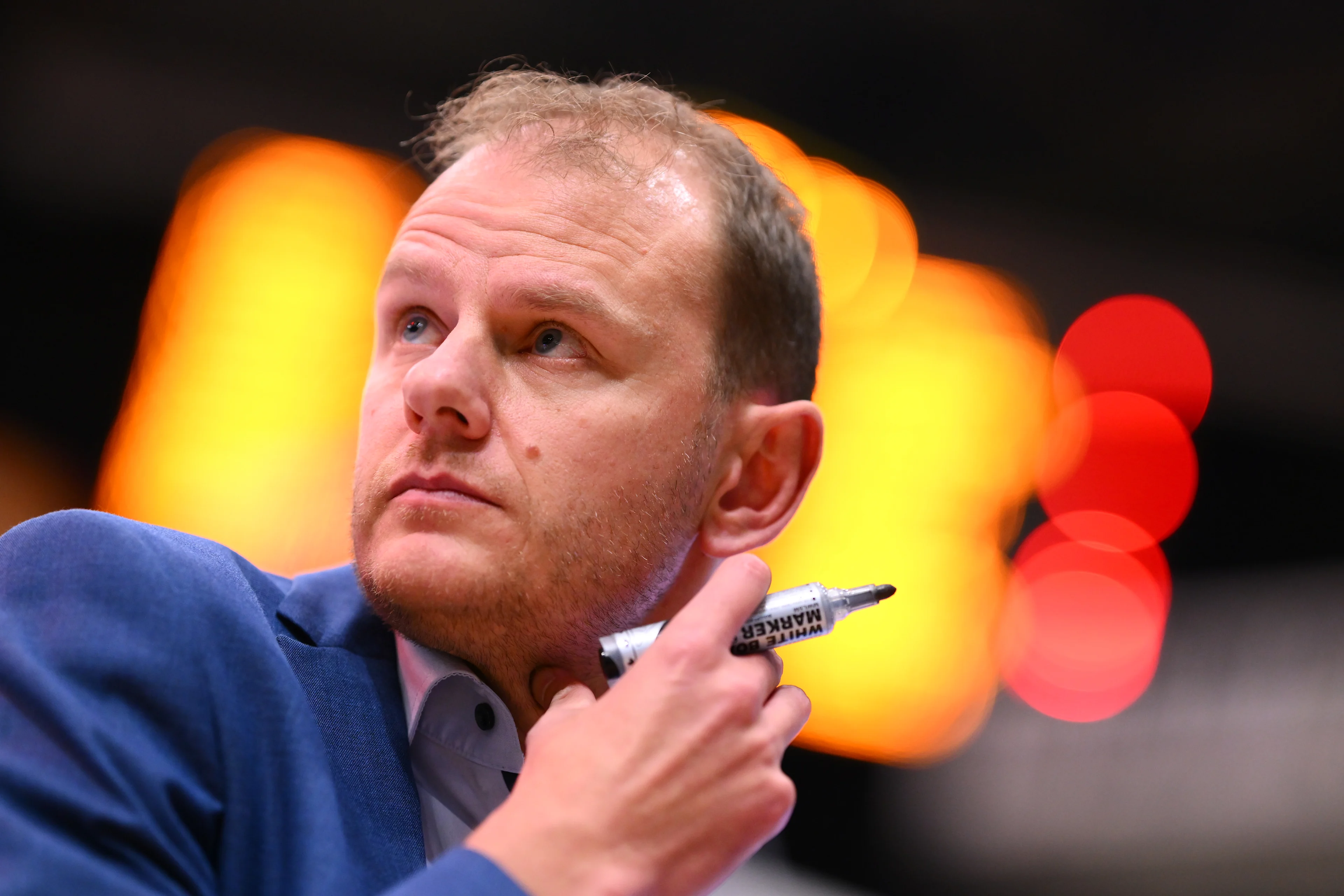 Leuven's head coach Kristof Michiels reacts during a basketball match between Mons-Hainaut and Leuven Bears, Saturday 15 February 2025 in Mons, on day 23 of the 'BNXT League' Belgian/ Dutch first division basket championship. BELGA PHOTO JOHN THYS