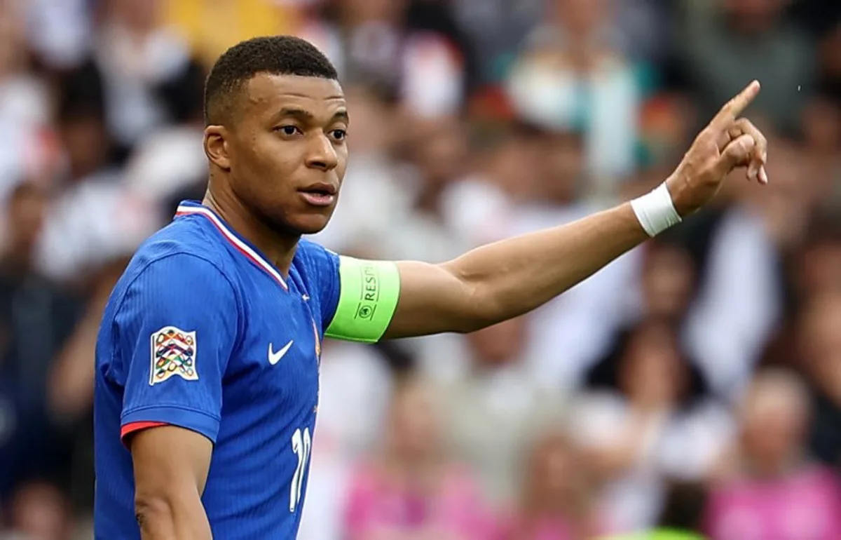 France's forward #10 Kylian Mbappe celebrates after scoring the 0-1 goal during the UEFA Nations League third place play-off football match between Germany and France in Stuttgart, southwestern Germany on June 8, 2025. FRANCK FIFE / AFP