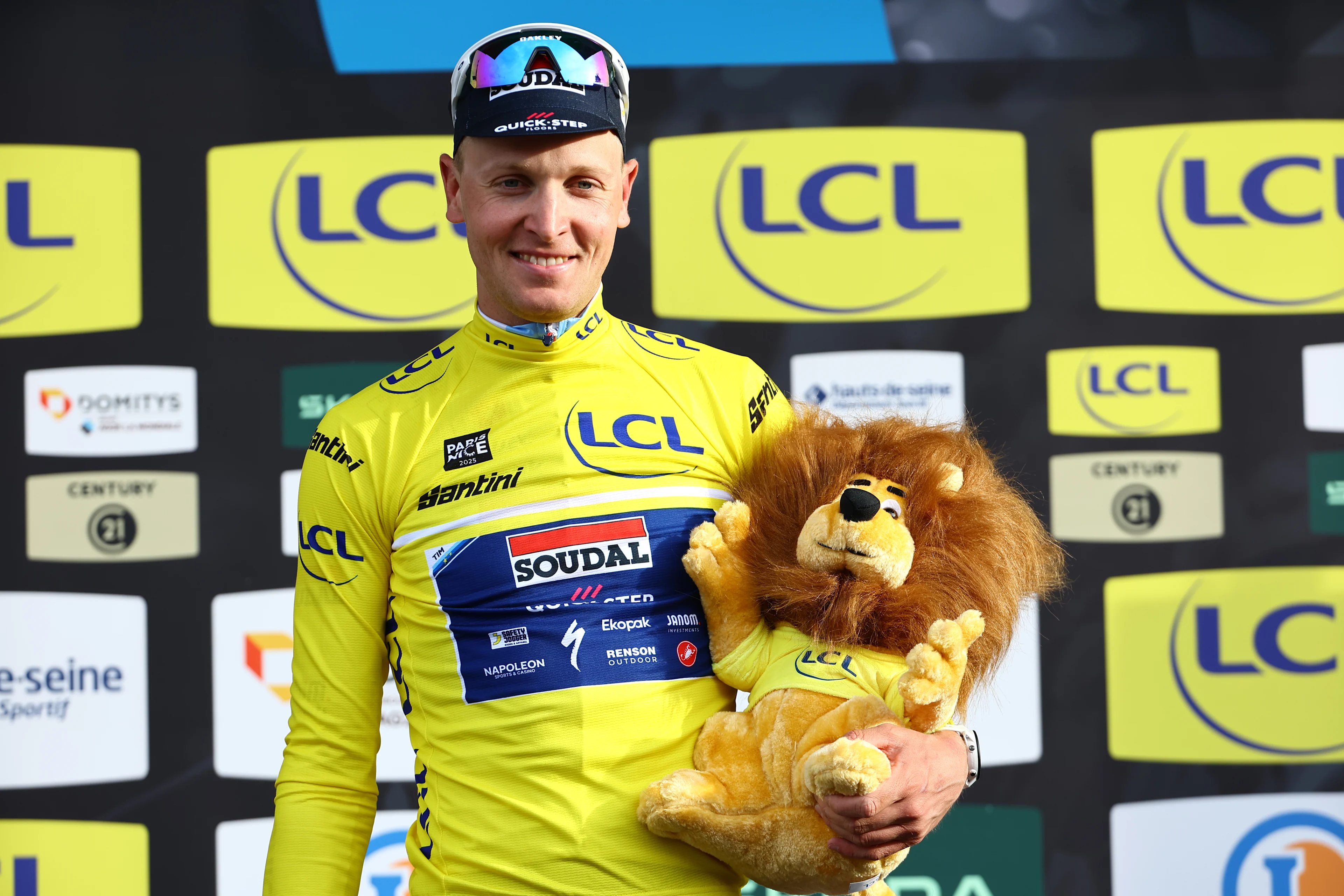 Belgian Tim Merlier of Soudal Quick-Step celebrates on the podium after winning stage two of the 83th edition of the Paris-Nice cycling race, from Montesson to Bellegarde (183,9 km) in France, Monday 10 March 2025. BELGA PHOTO DAVID PINTENS